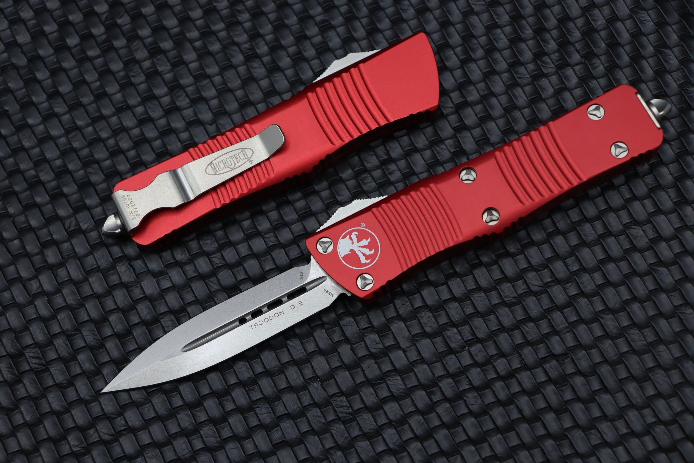 Microtech Troodon Stonewash Premium Double Edge Knife with Red Accents