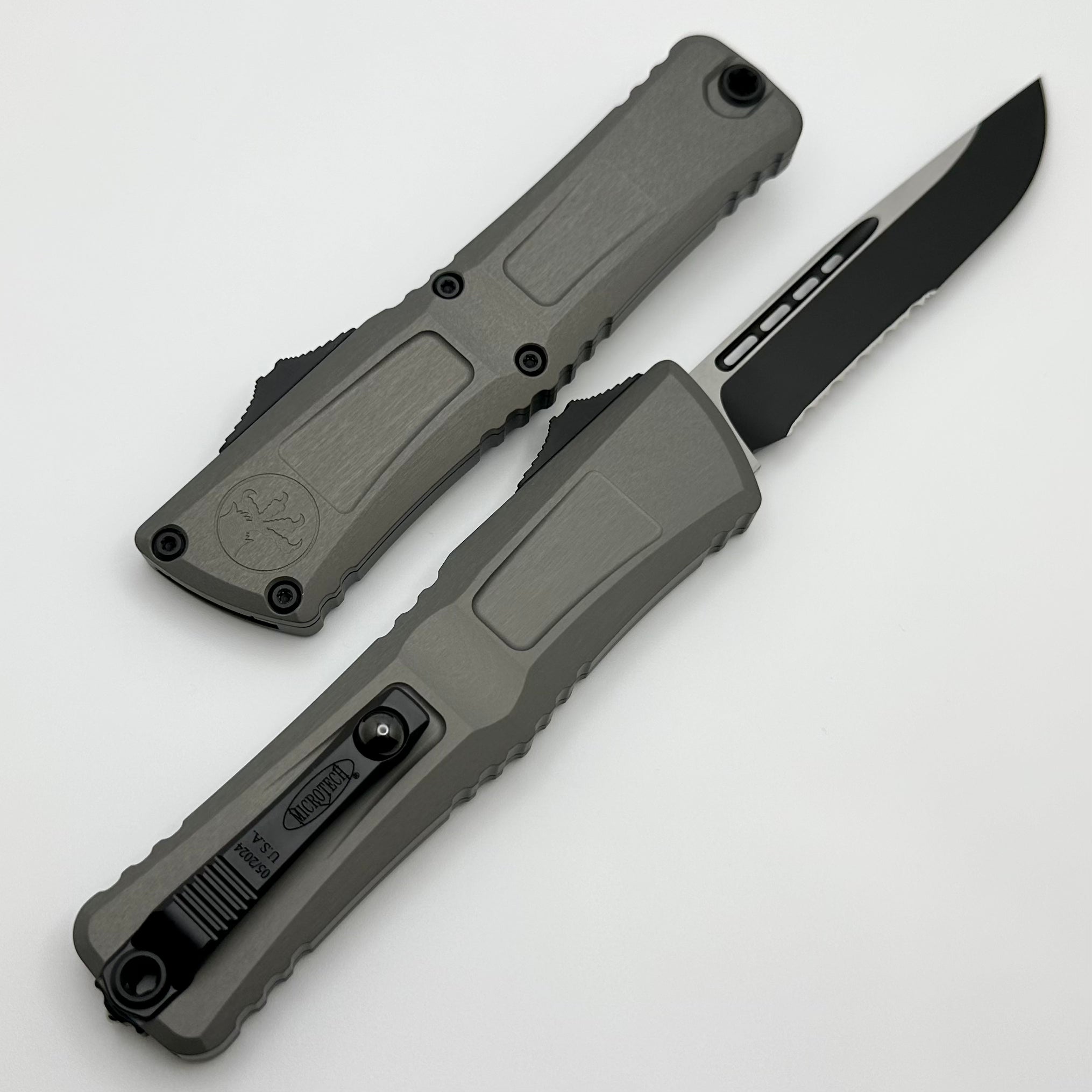 Premium Microtech Combat Troodon Gen III Tactical OTF Knife - Black S/E, Natural Clear Partial Serrated