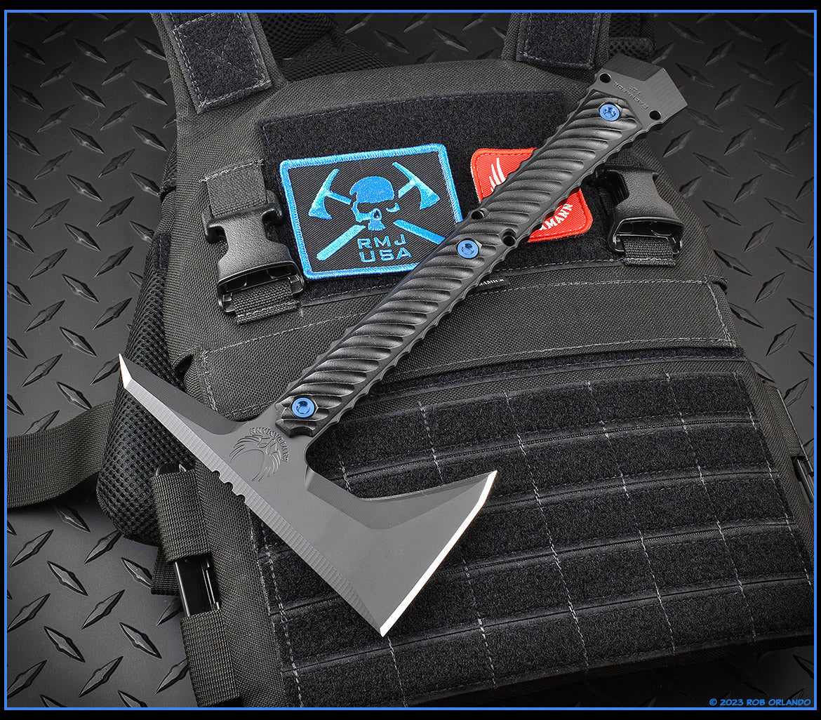 Premium RMJ Tactical Ragnarok 12 Blackout Tomahawk with Blue Hardware - Ultimate Tactical Tool