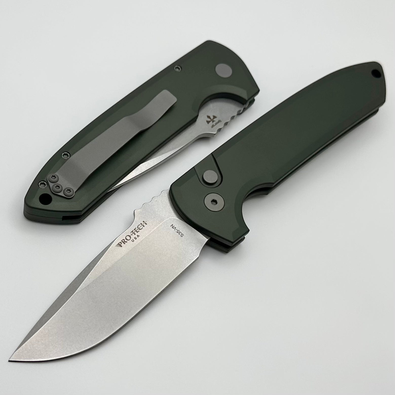 Ultimate Pro-Tech Les George Rockeye Folding Knife - Green Aluminum Handle & Stonewash CPM-S35VN Blade