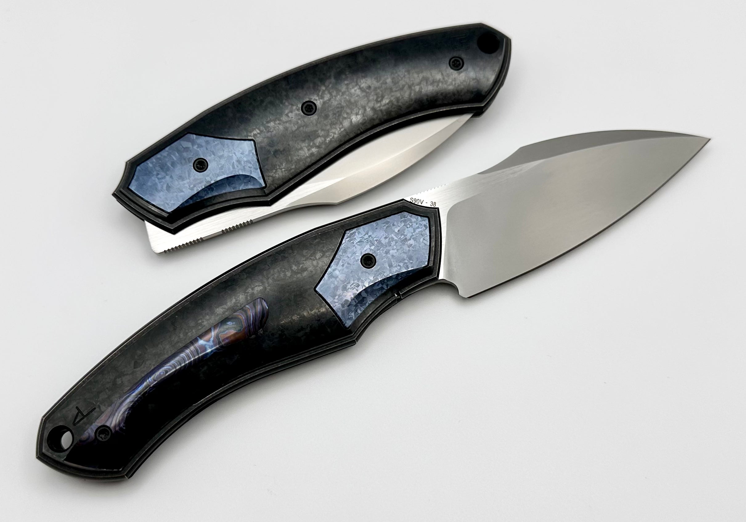 Premium Custom Knife Factory Davless: Crystal Ti & Blue Crystal Ti with CKF Wash S90V Blade