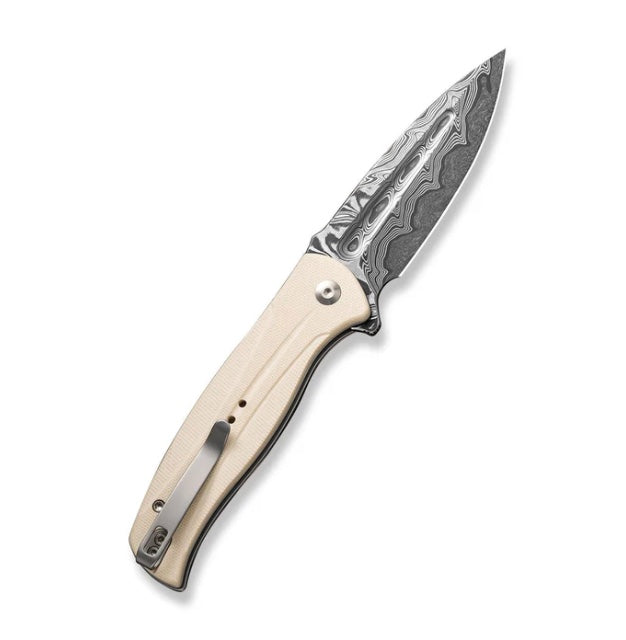 Civivi Incendie Premium Button Lock Flipper Knife with Ivory/White G-10 Handles & Damascus Blade