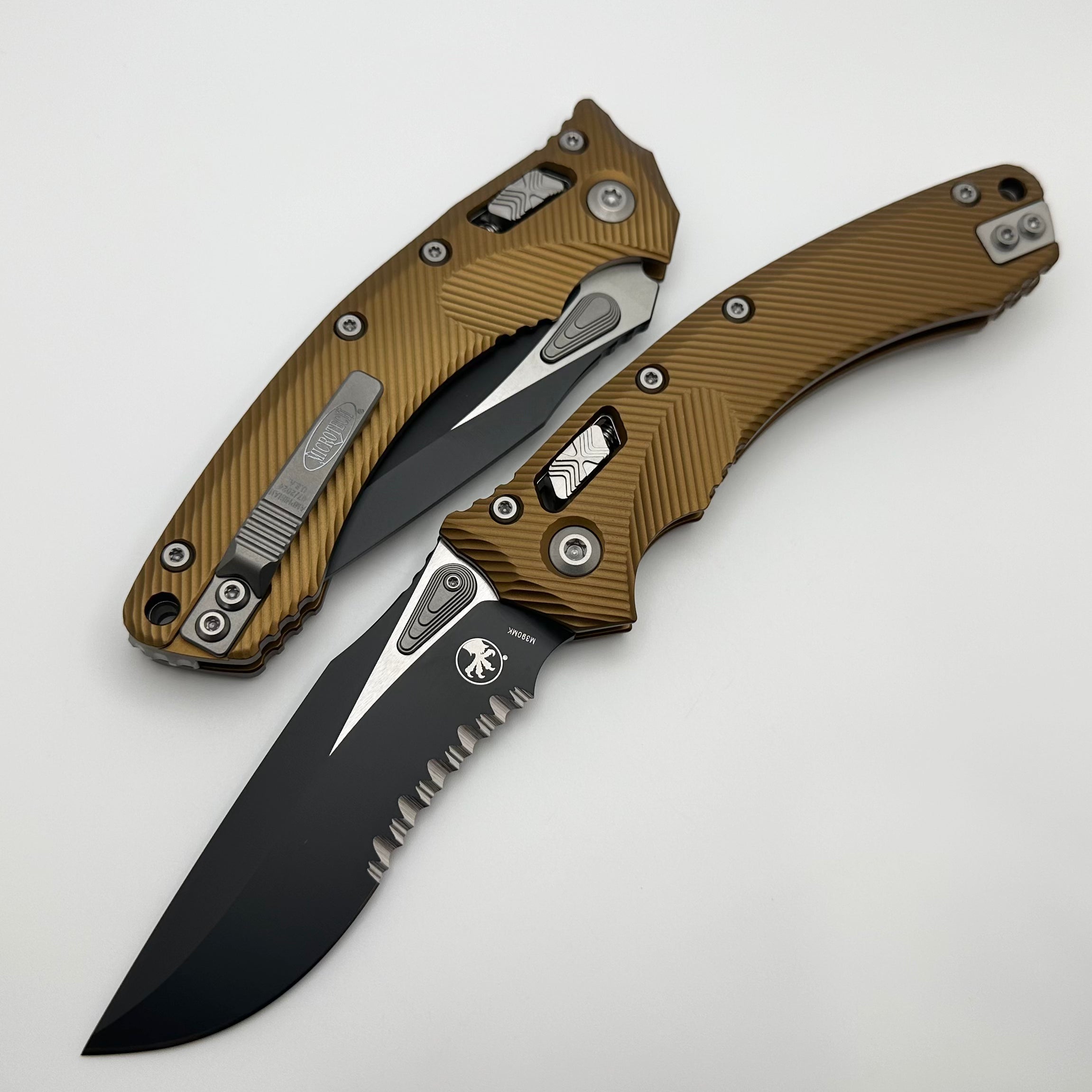 Microtech Amphibian RAM LOK Tan Fluted Aluminum Folding Knife | Premium M390MK Blade