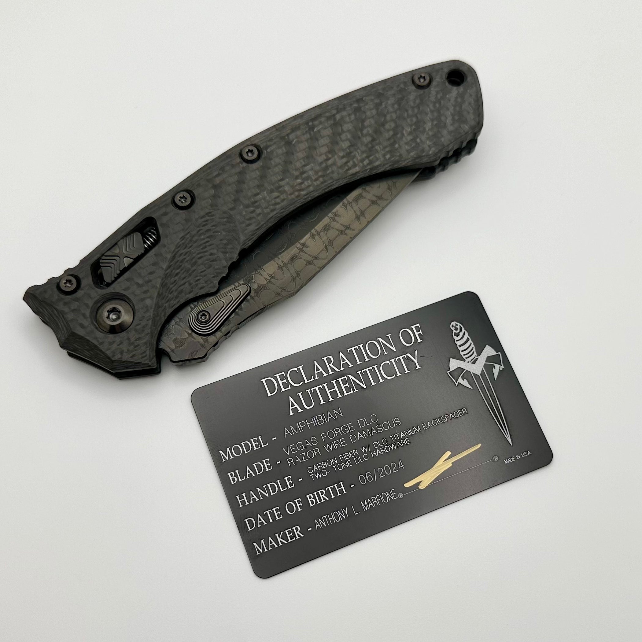 Microtech Amphibian RAM-LOK Signature Series Knife - Premium Vegas Forge Damascus Blade & Carbon Fiber Handles