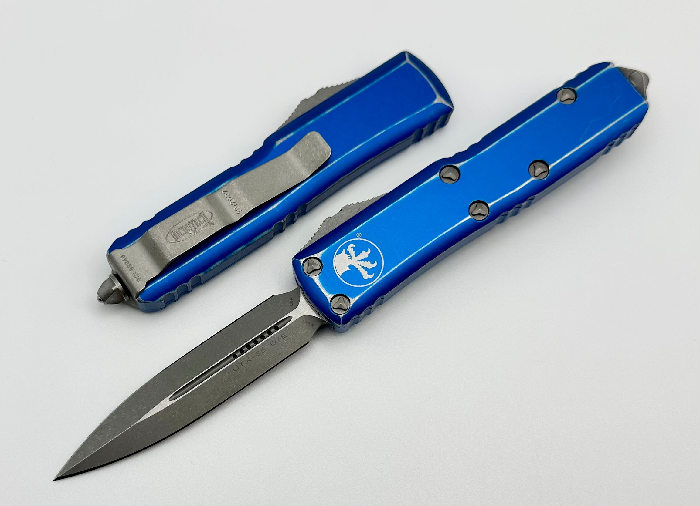 Microtech UTX-85 Apocalyptic Double Edge Tactical Knife - Distressed Blue Finish