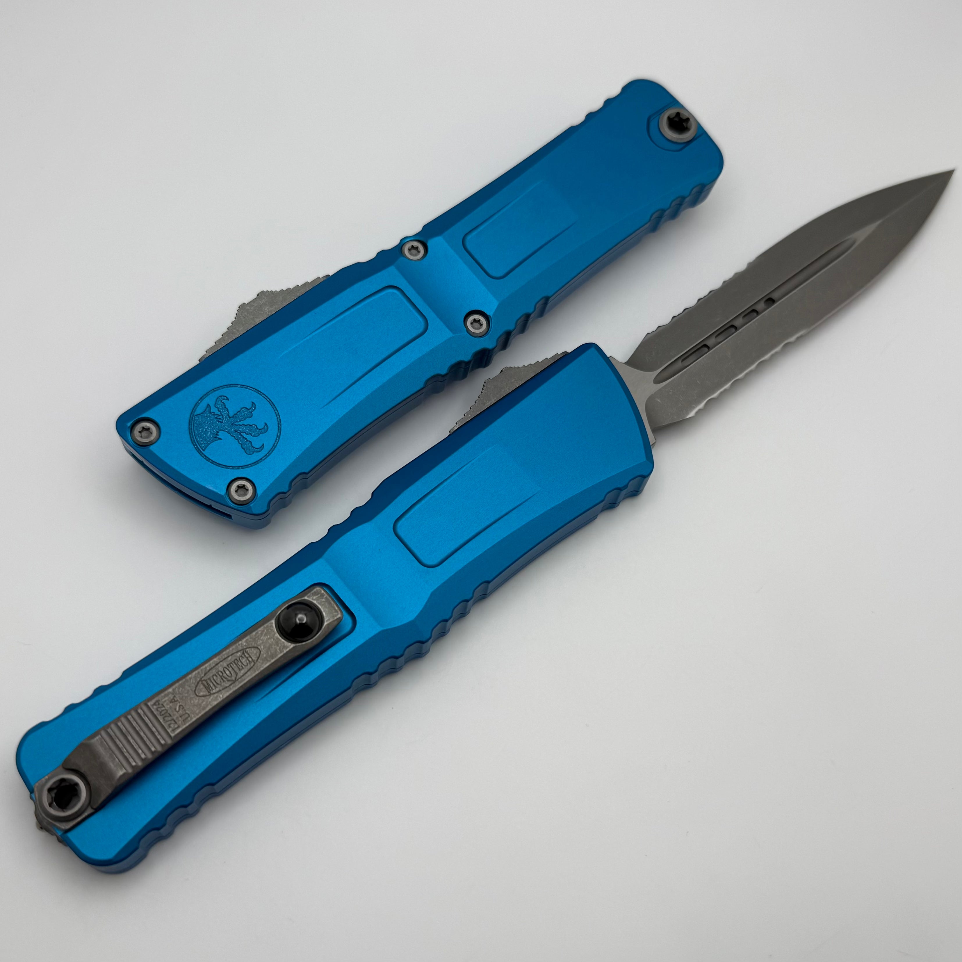 Premium Microtech Combat Troodon Gen III OTF Knife - Apocalyptic Partial Serrated D/E with Blue Handle