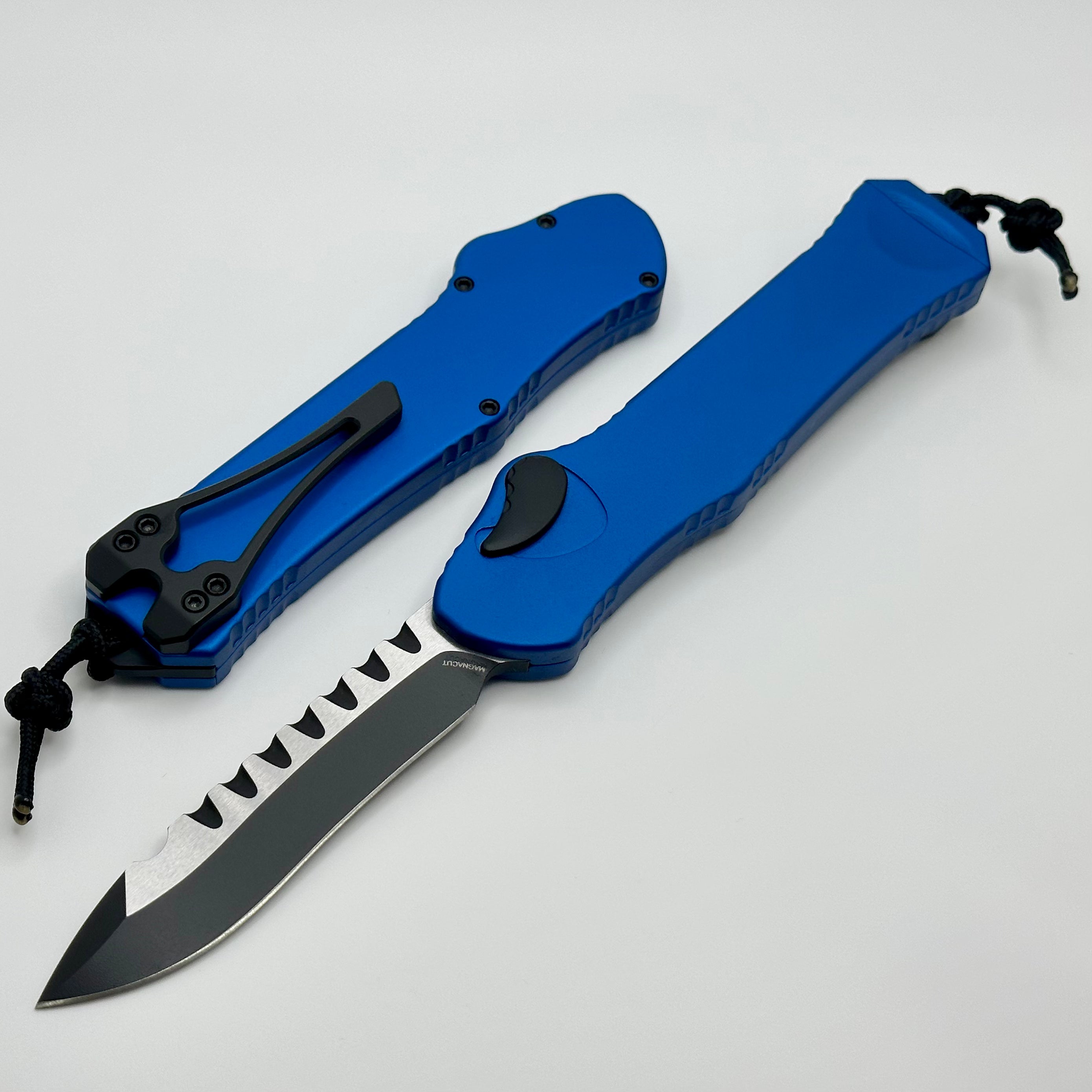 Heretic Hydra V3 Ultimate Tactical Knife - Blue Aluminum Handle & Two-Tone Black Recurve MagnaCut Blade