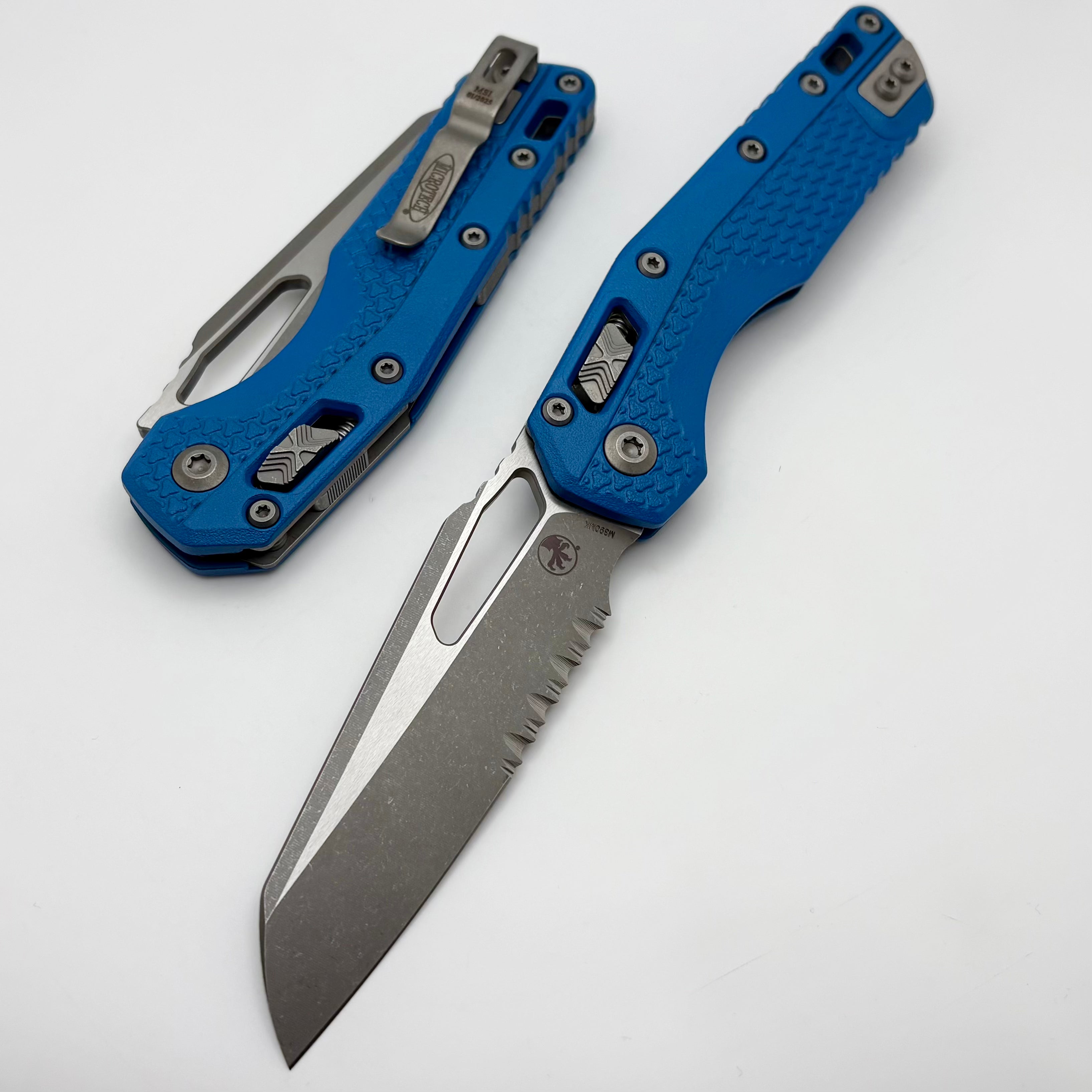 Microtech MSI RAM LOK Folding Knife - Cerakote Blue, Polymer Handle, Apocalyptic Serrated M390MK Blade