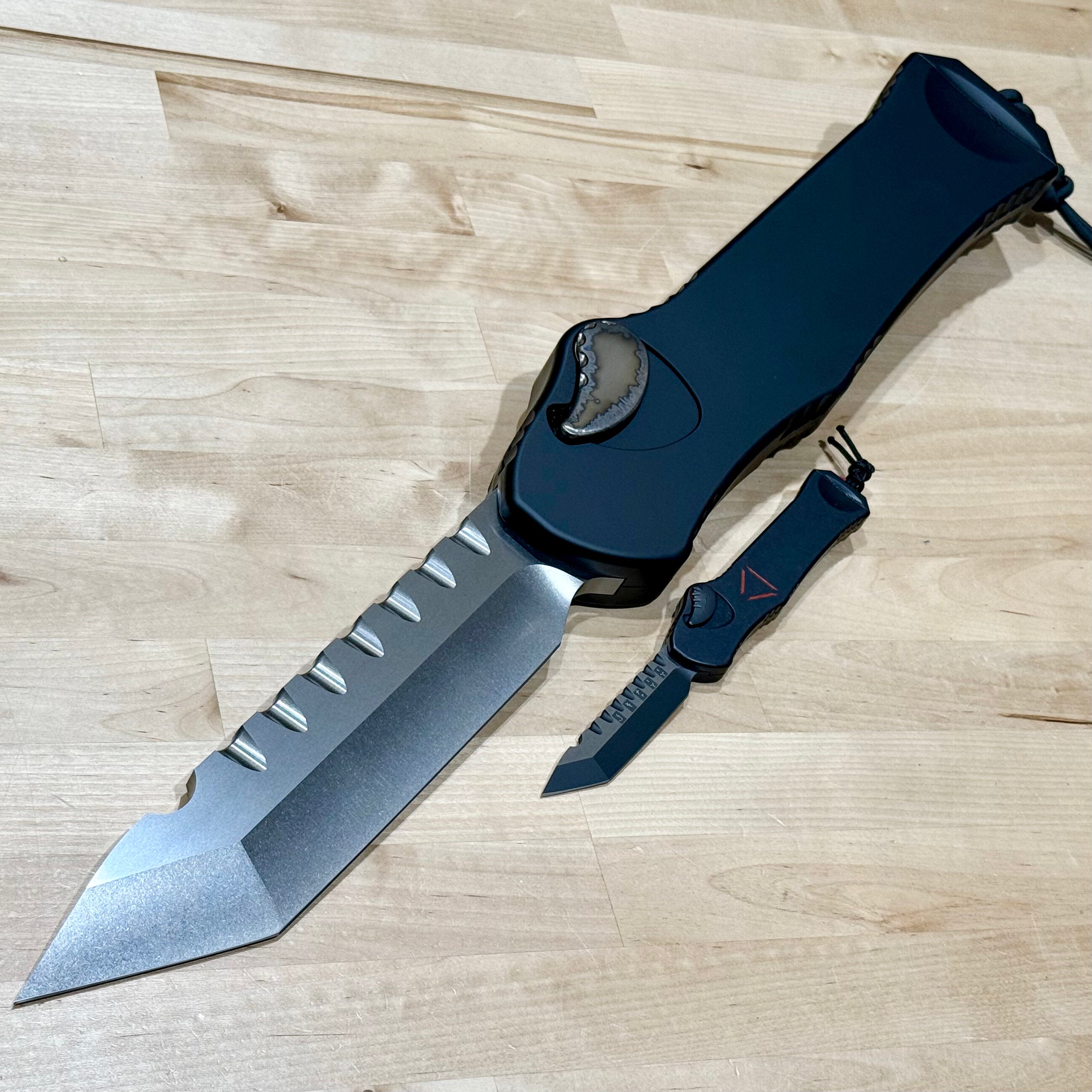 Heretic Giant Hydra 3X Ultimate Tactical Knife - Custom Black Aluminum Handle & Stonewash Tanto M390 Blade with Flamed Accents