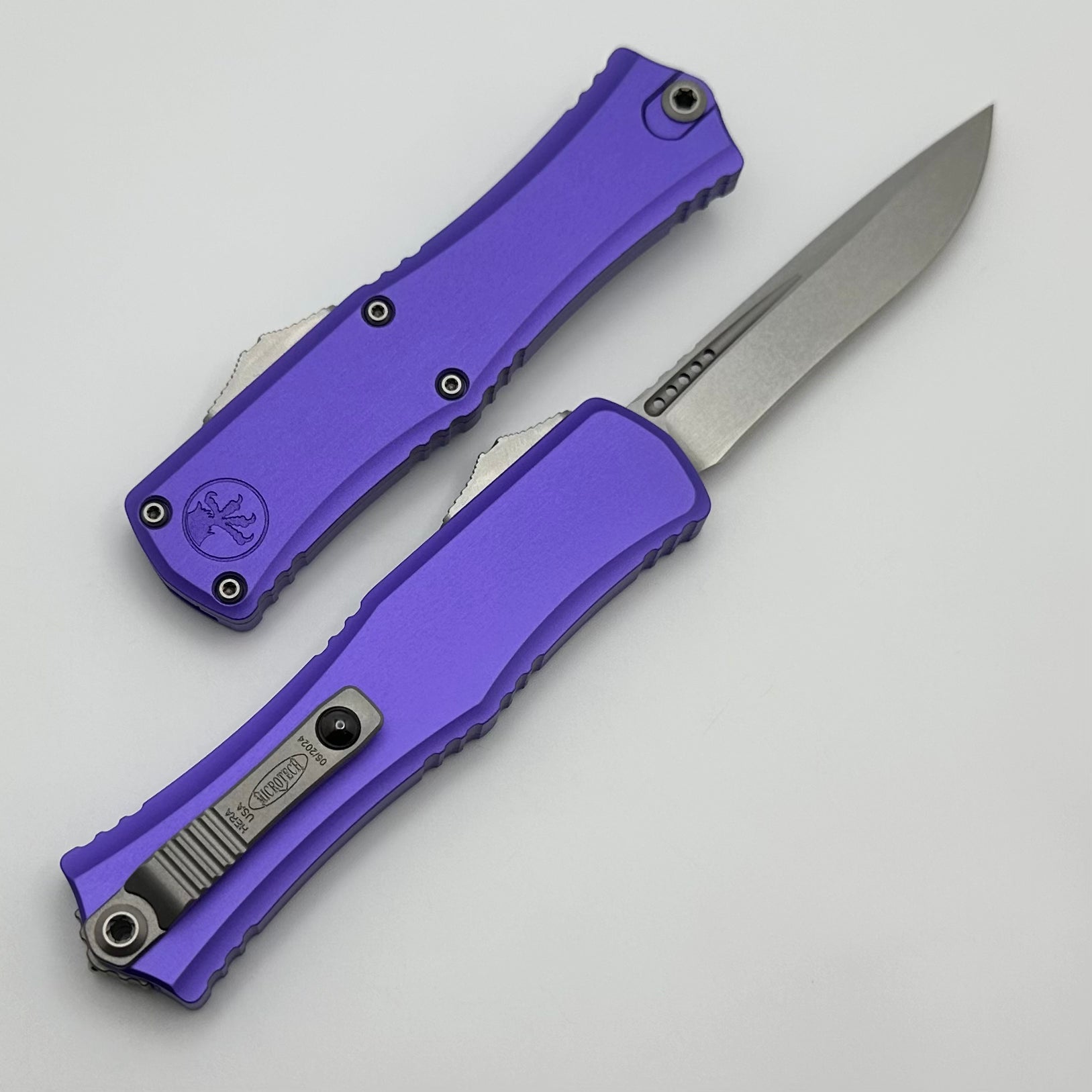 Premium Microtech Mini Hera Stonewash M390MK Folding Knife with Purple Handle