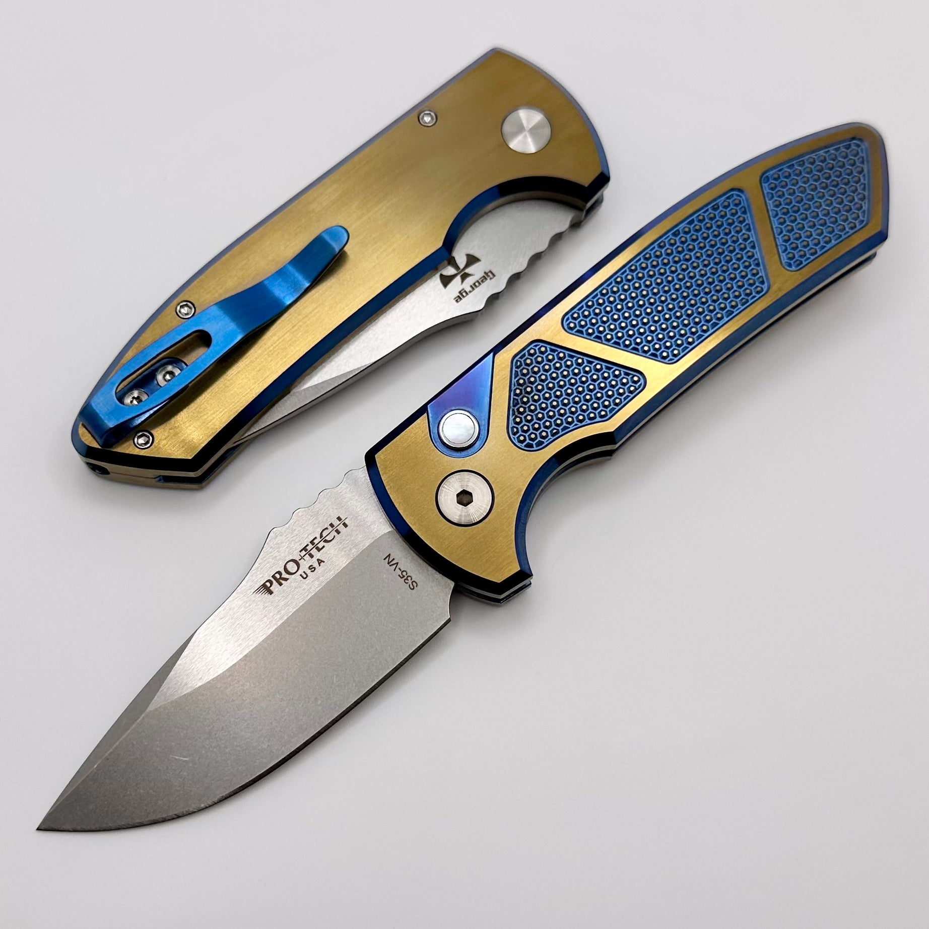 Pro-Tech SBR Ultimate Custom Knife: Blue/Bronze Titanium Handle, Stonewash S35VN Blade