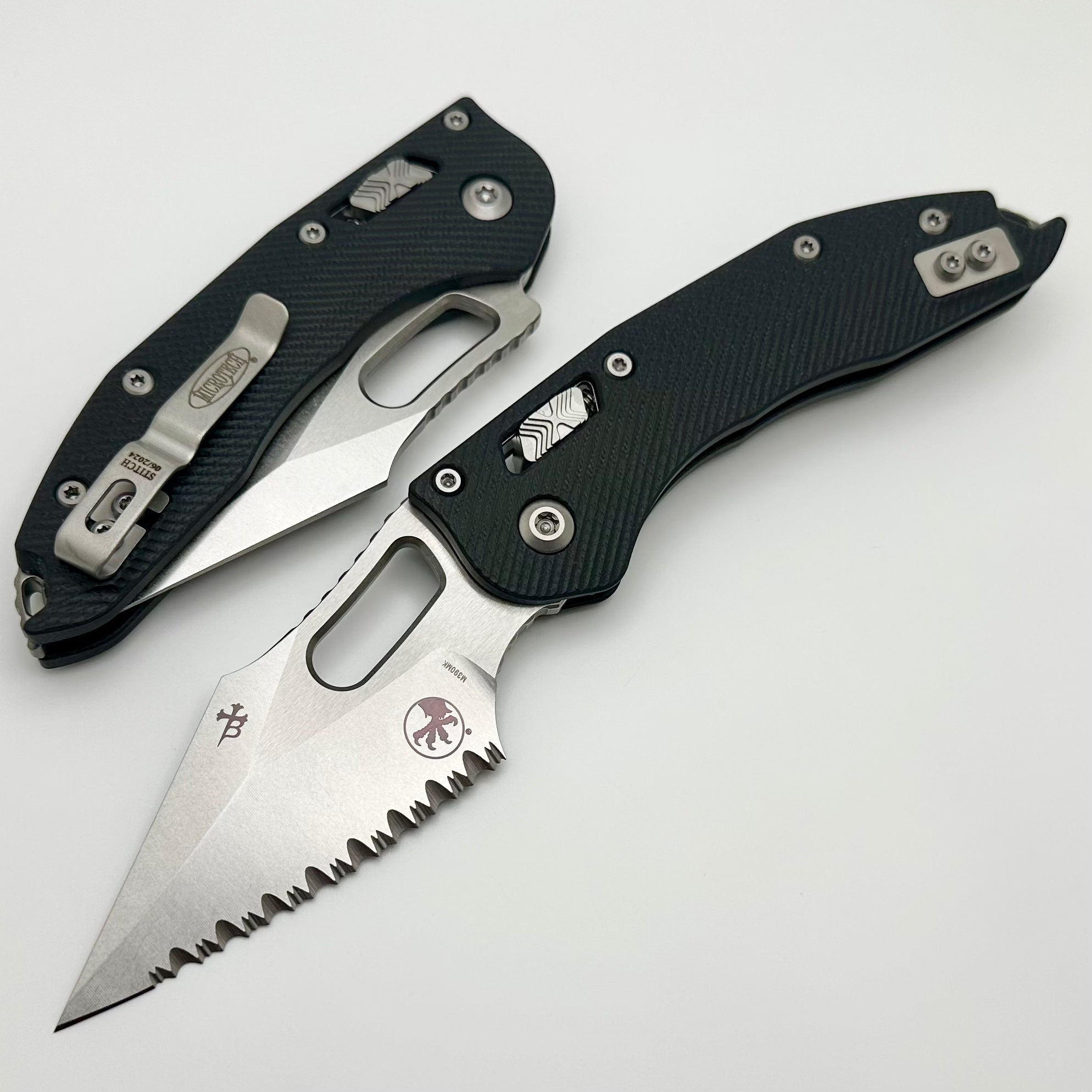 Premium Microtech Stitch RAM LOK Knife - Black G-10 & Full Serrated M390MK Blade