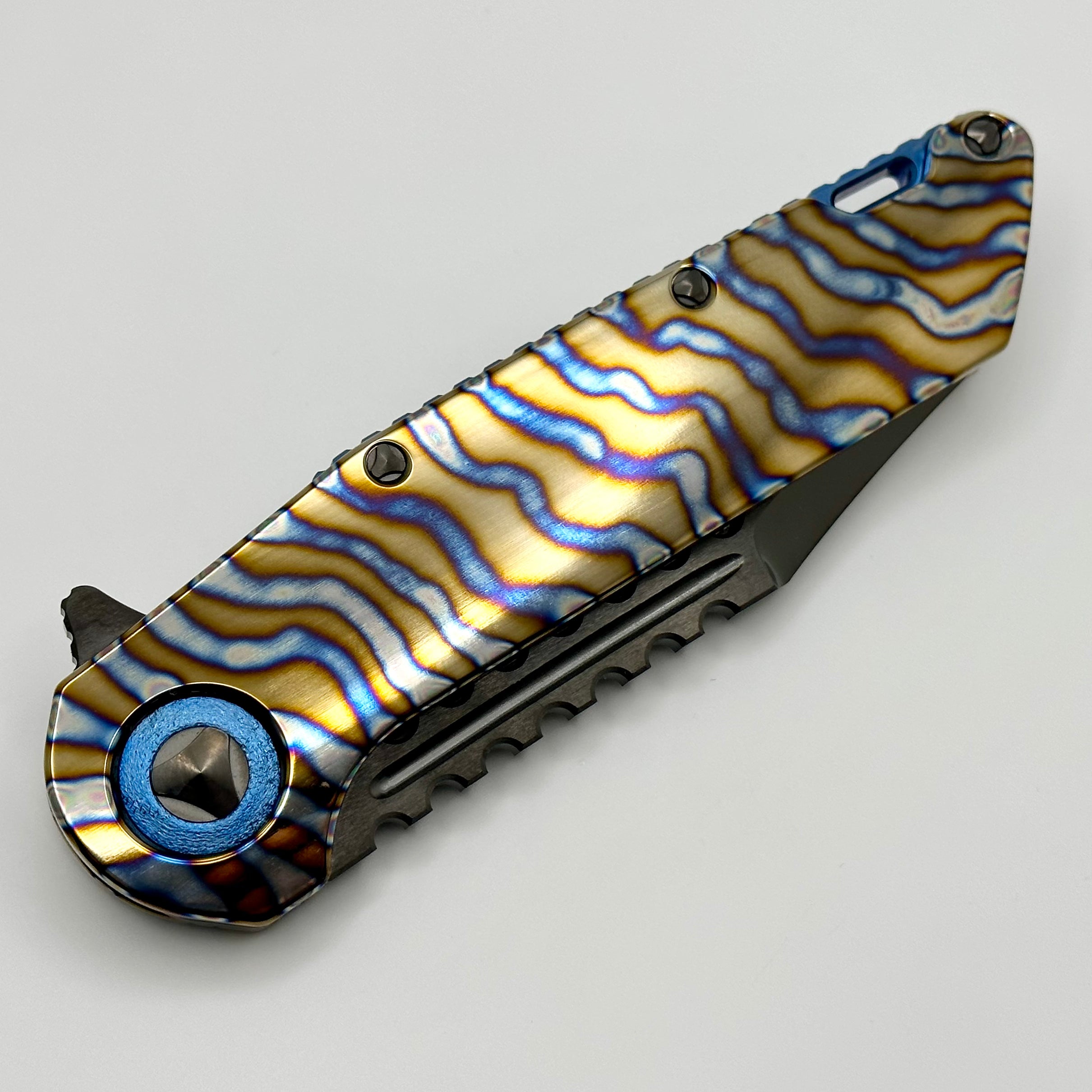 Marfione Custom Warhound Knife - Premium DLC Diamondwash Finish & Flamed Titanium Handles with Blue Accents