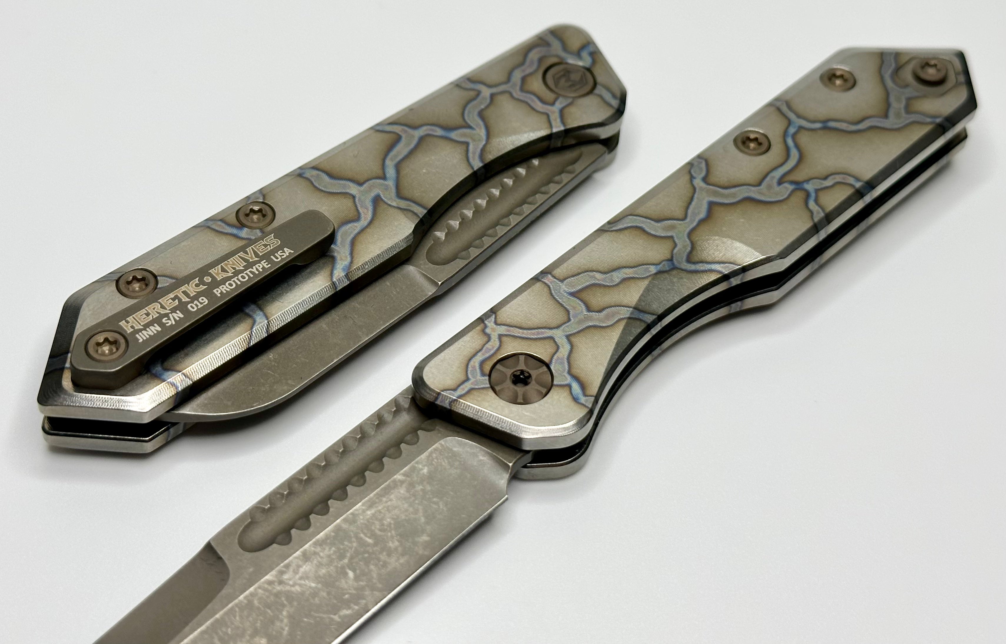 Heretic Knives Jinn Prototype: Premium Flamed Titanium Slip Joint with Bronze Accents & MagnaCut Blade