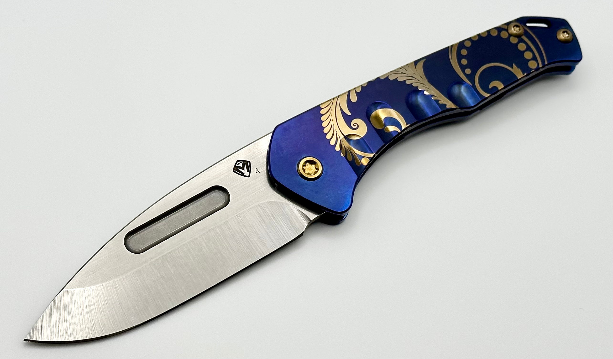 Medford Praetorian Slim Tumbled S45VN Drop Point - Premium Blue Filigree & Bronze Hardware