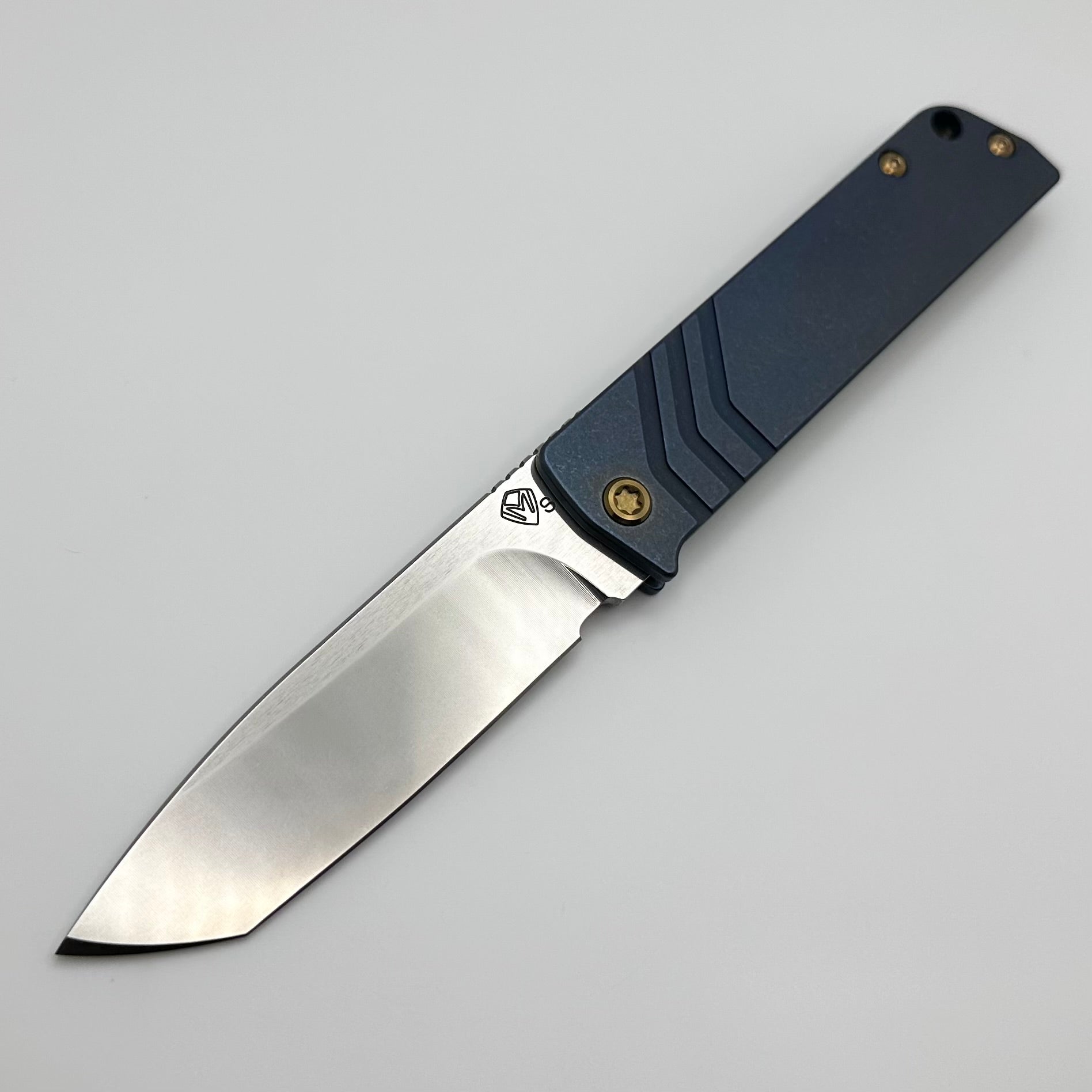 Medford Antik Premium Front Flipper Knife - Polished S35VN Tanto Blade & Old School Blue Titanium Handles