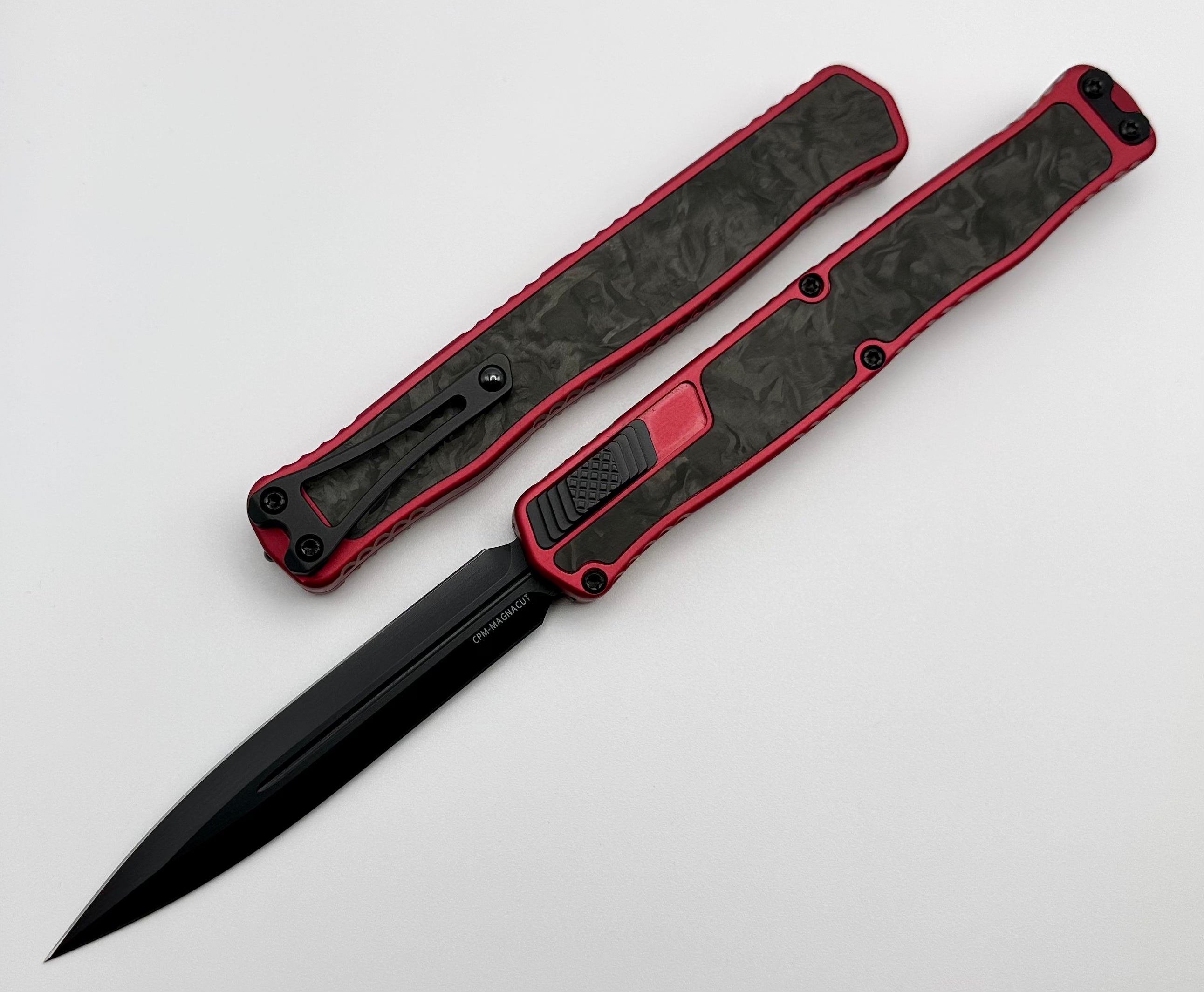 Heretic Knives Cleric II Premium Black Double Edge Magnacut with Red & Marbled Carbon Fiber Inlays