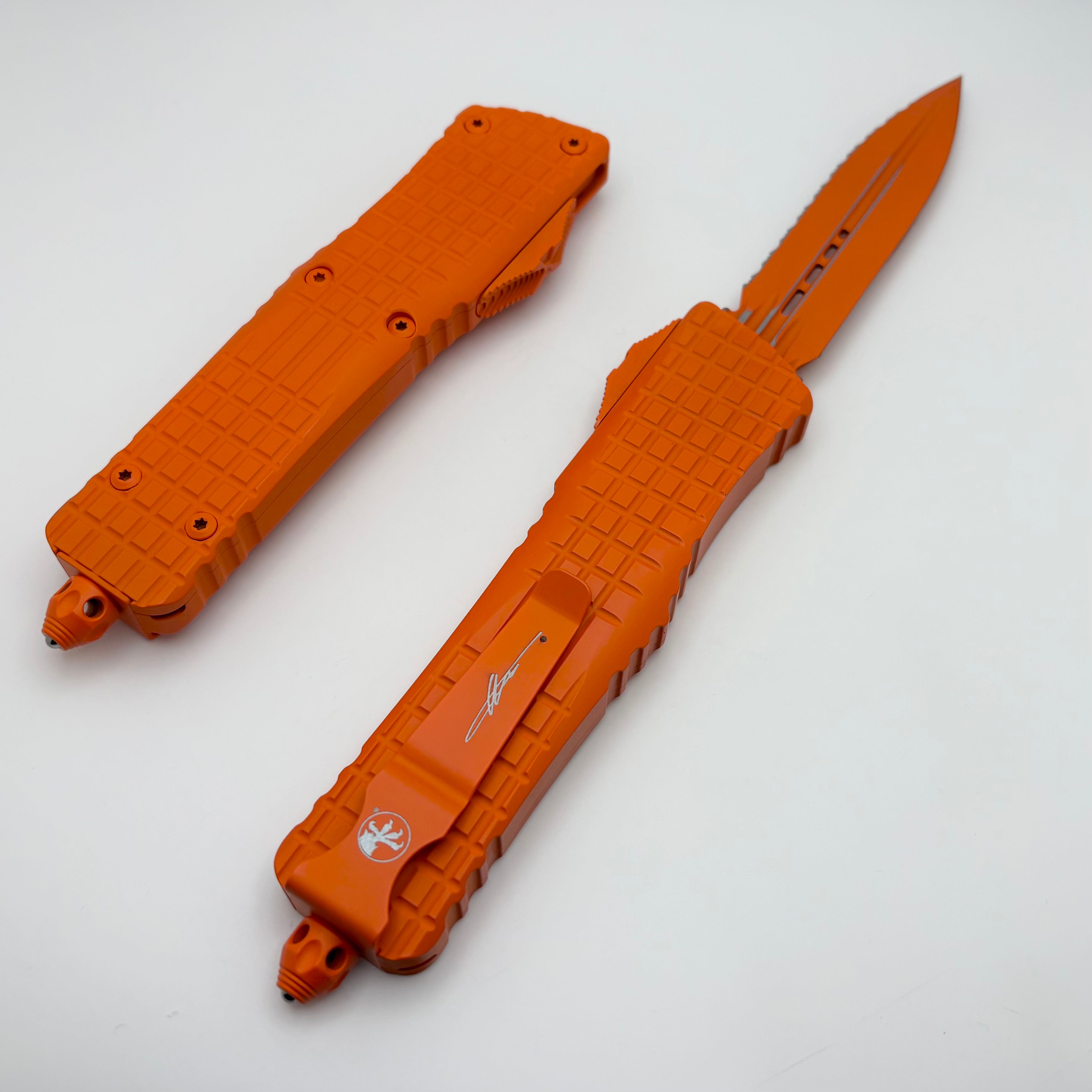 Premium Microtech Combat Troodon OTF Knife - Orange Cerakote, Full Serrated D/E