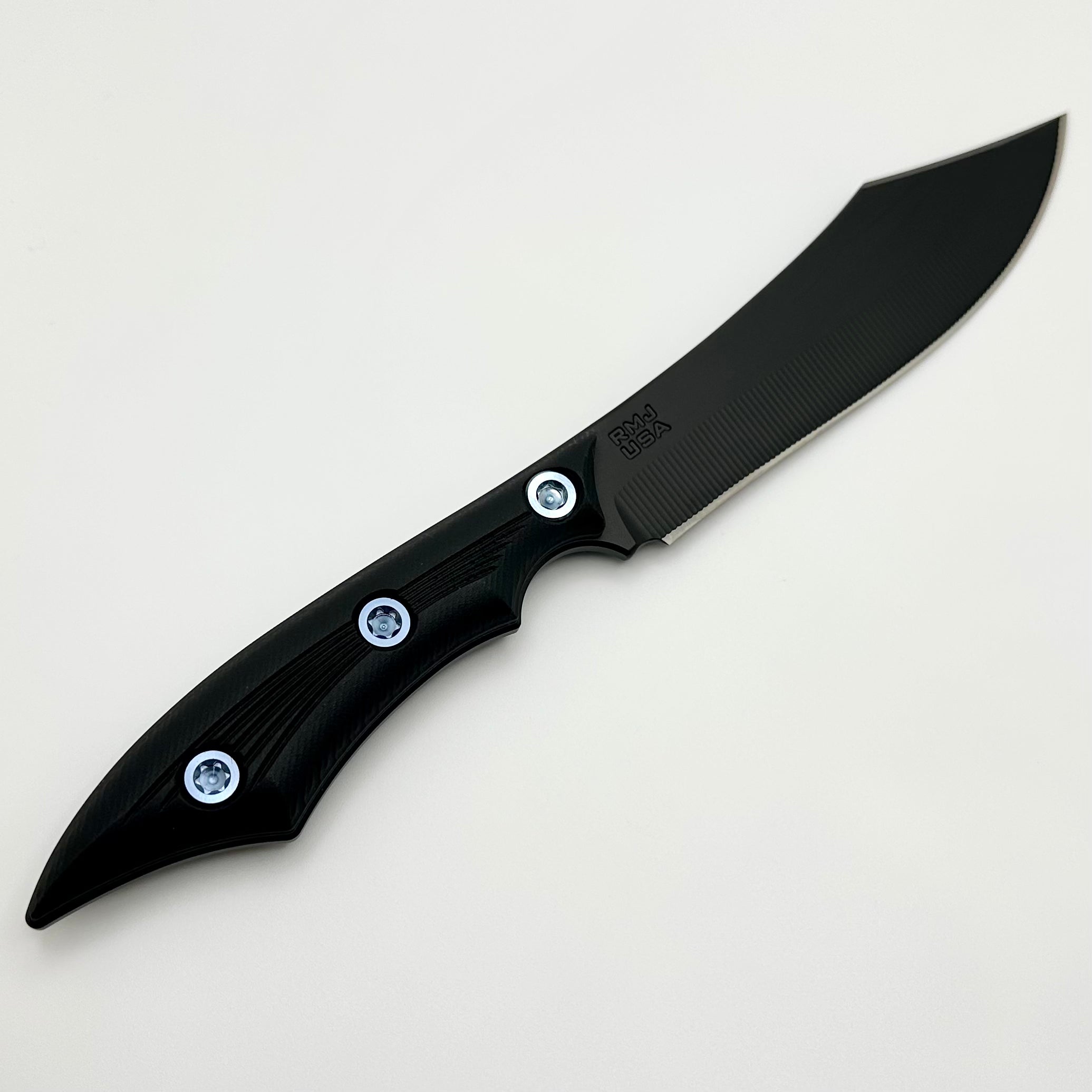 RMJ Ratatosk Ultimate Tactical Fixed Blade Knife - Black G-10 Handles & Blue Hardware