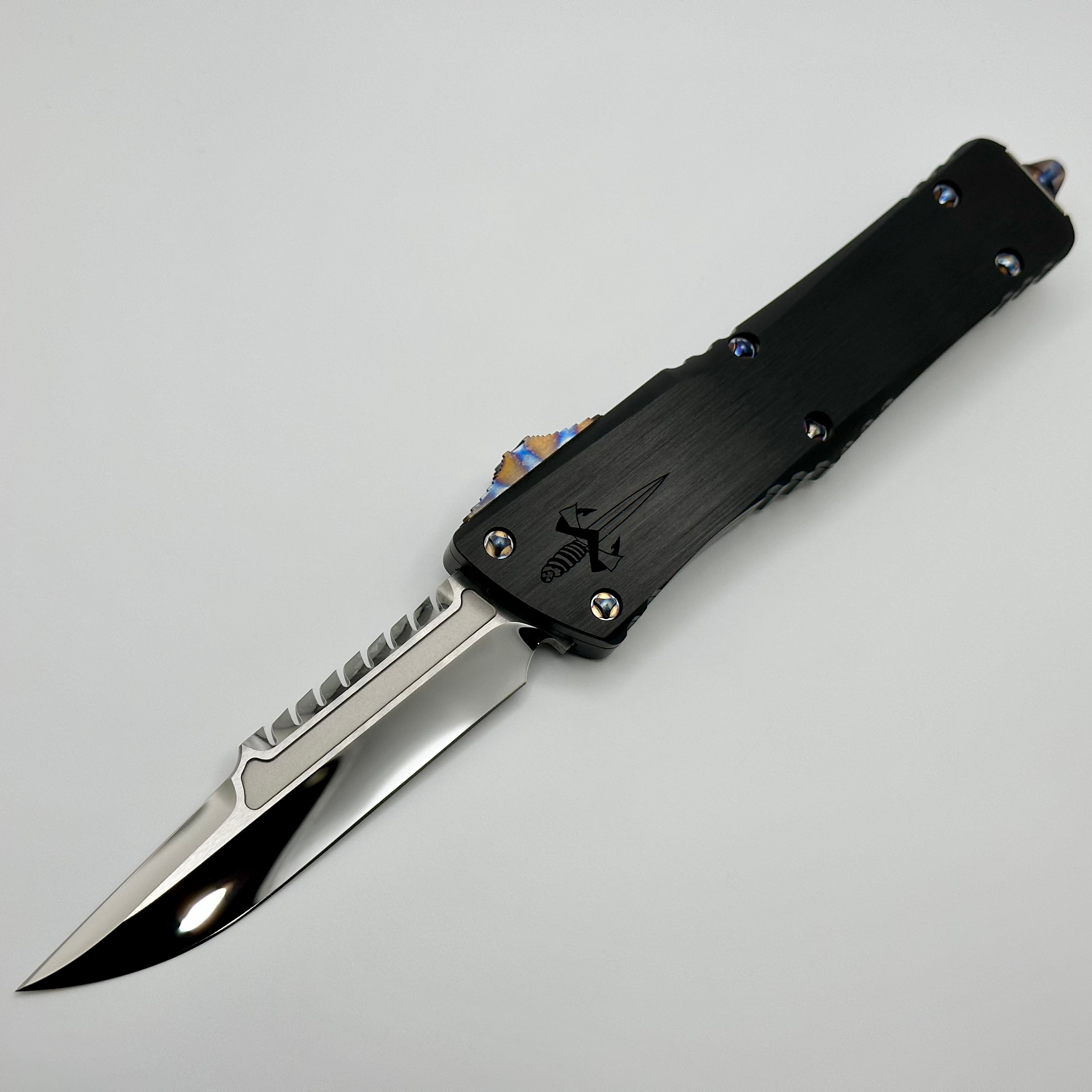 Marfione Custom Knives Combat Troodon Interceptor - Premium Mirror Polish with Hefted Black Handle & Flamed Hardware