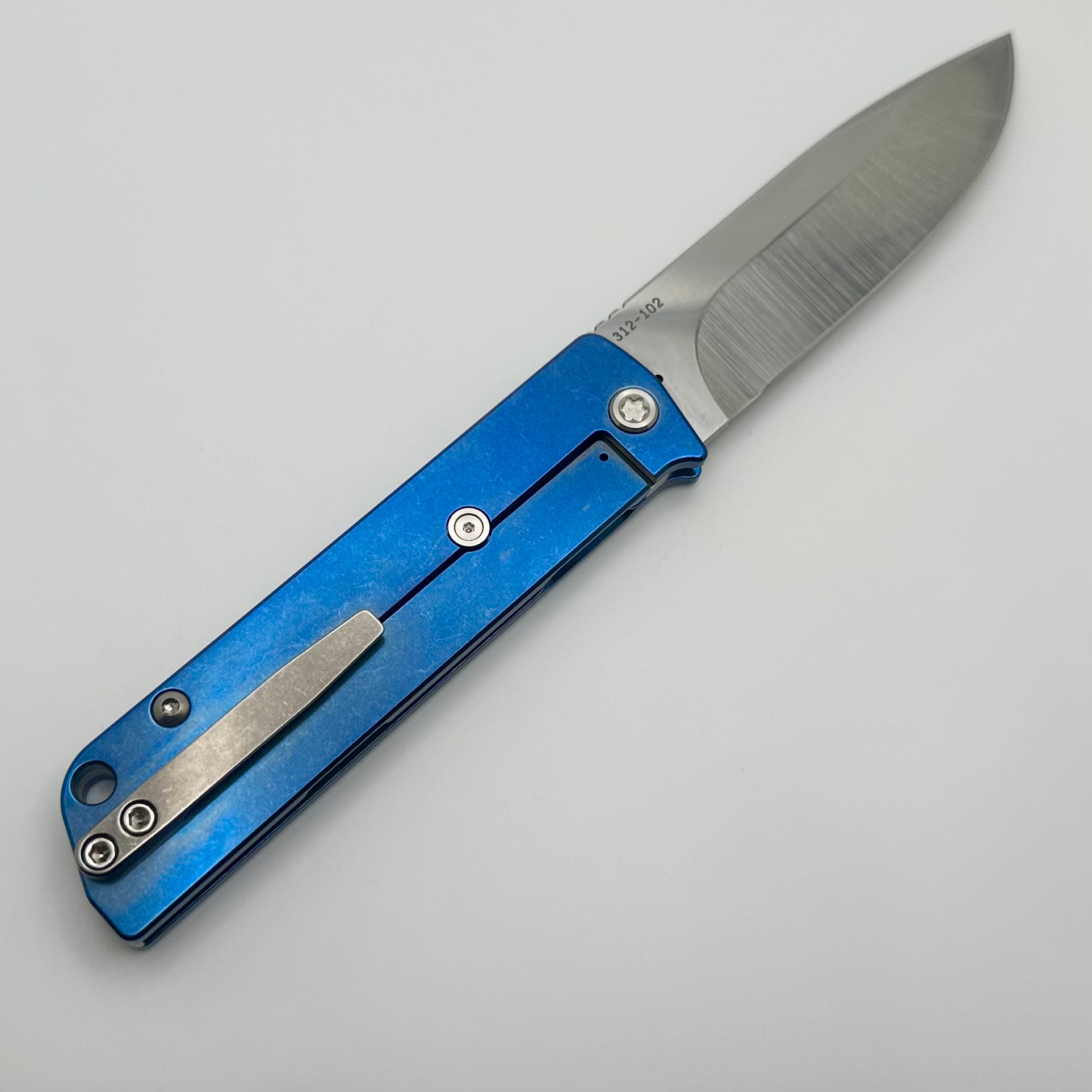 Medford Antik Premium Front Flipper Knife - S45VN Drop Point & Blue Titanium Handles