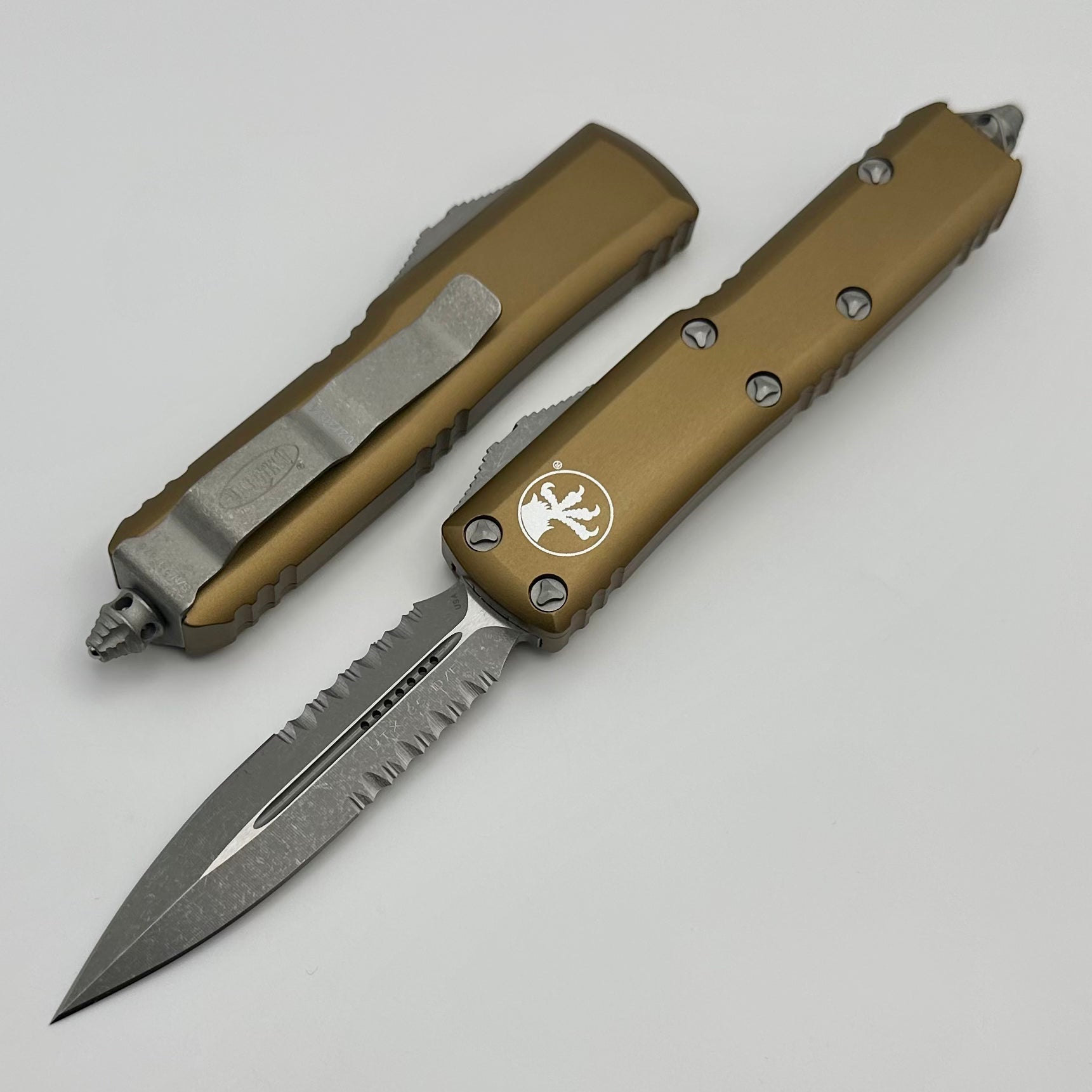 Microtech UTX-85 Apocalyptic Tan EDC Knife - Premium Double Edge with Partial Serration