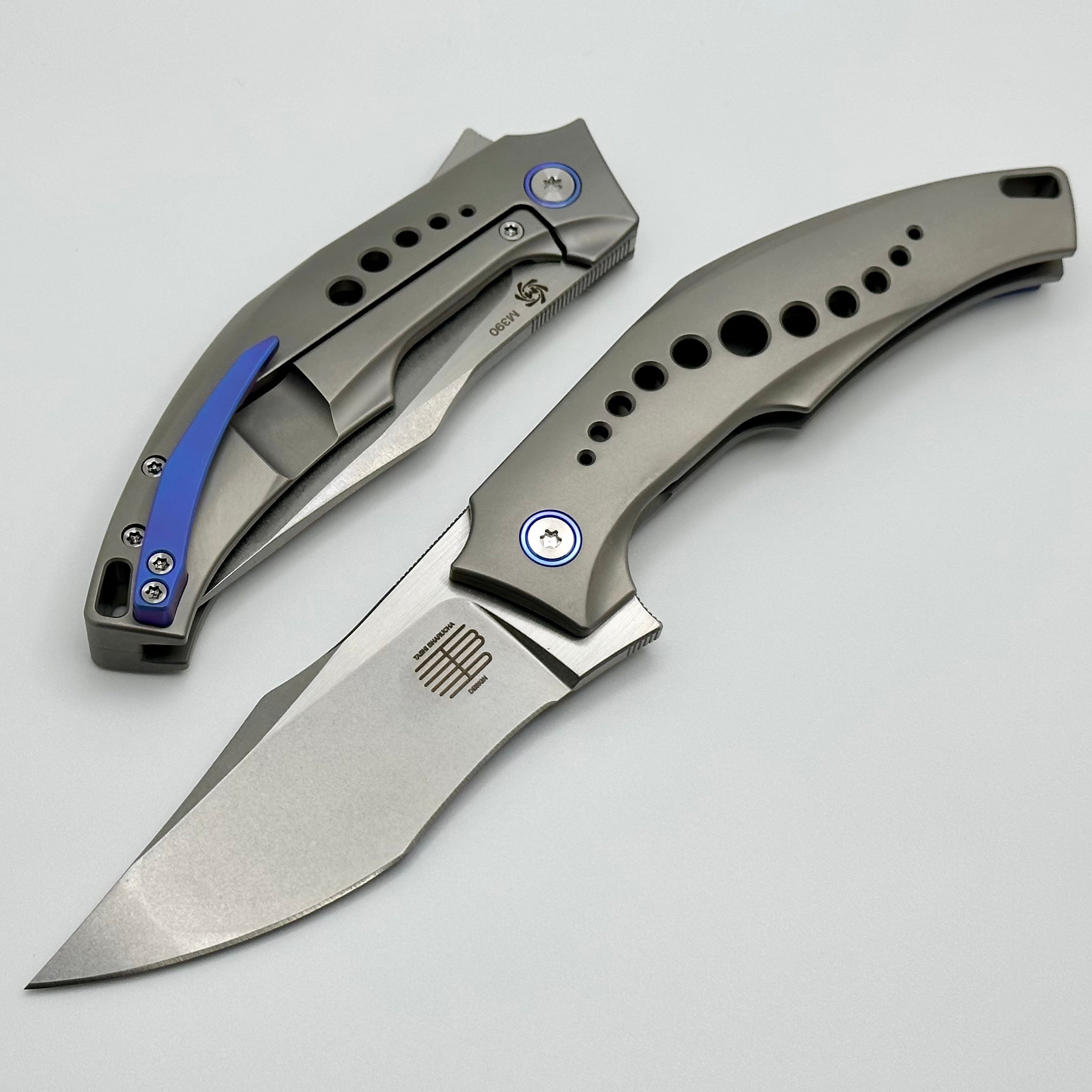 Premium Mechforce Tashi SOS Folding Knife - M390 Steel & Titanium Handles with Blue Accents