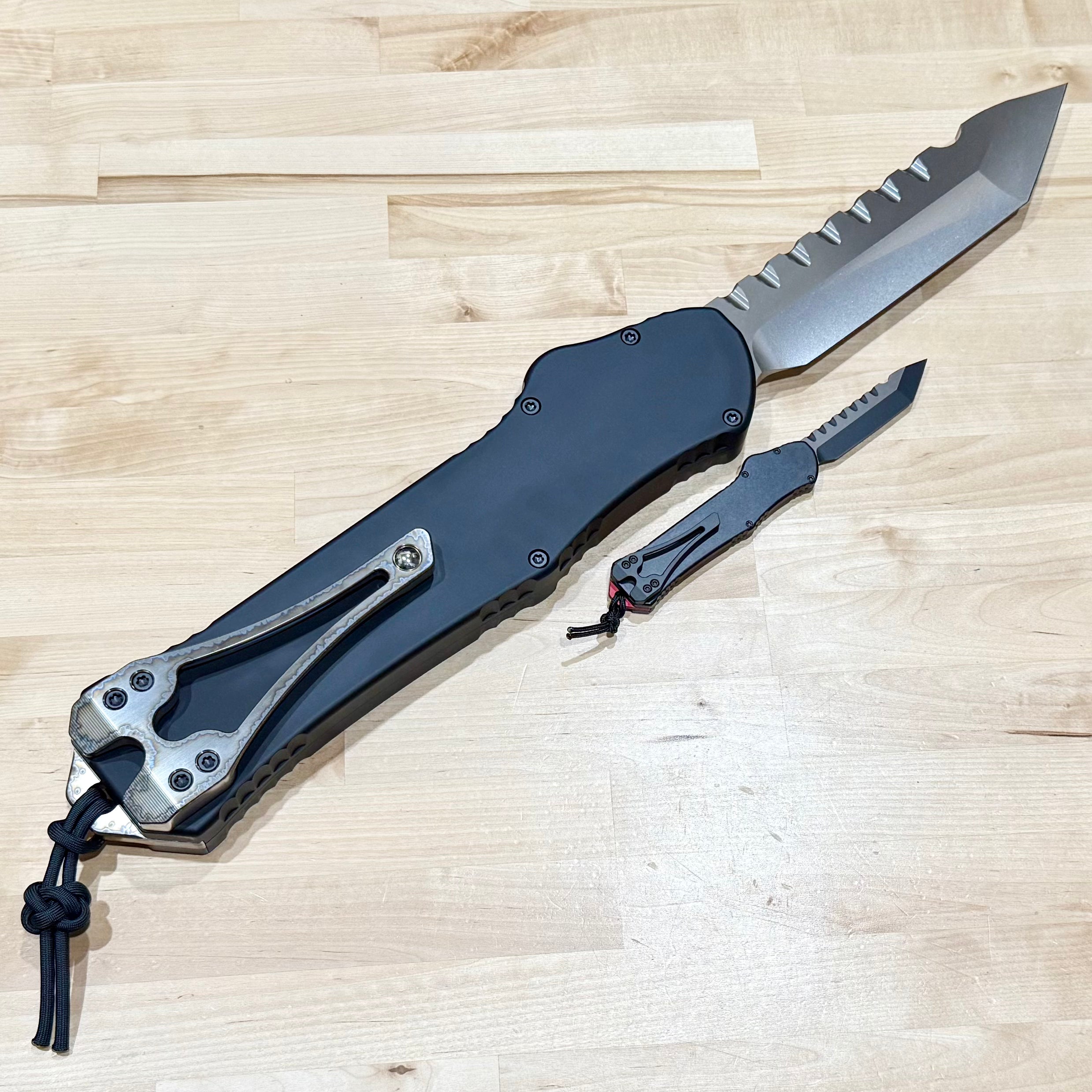 Heretic Giant Hydra 3X Ultimate Tactical Knife - Custom Black Aluminum Handle & Stonewash Tanto M390 Blade with Flamed Accents