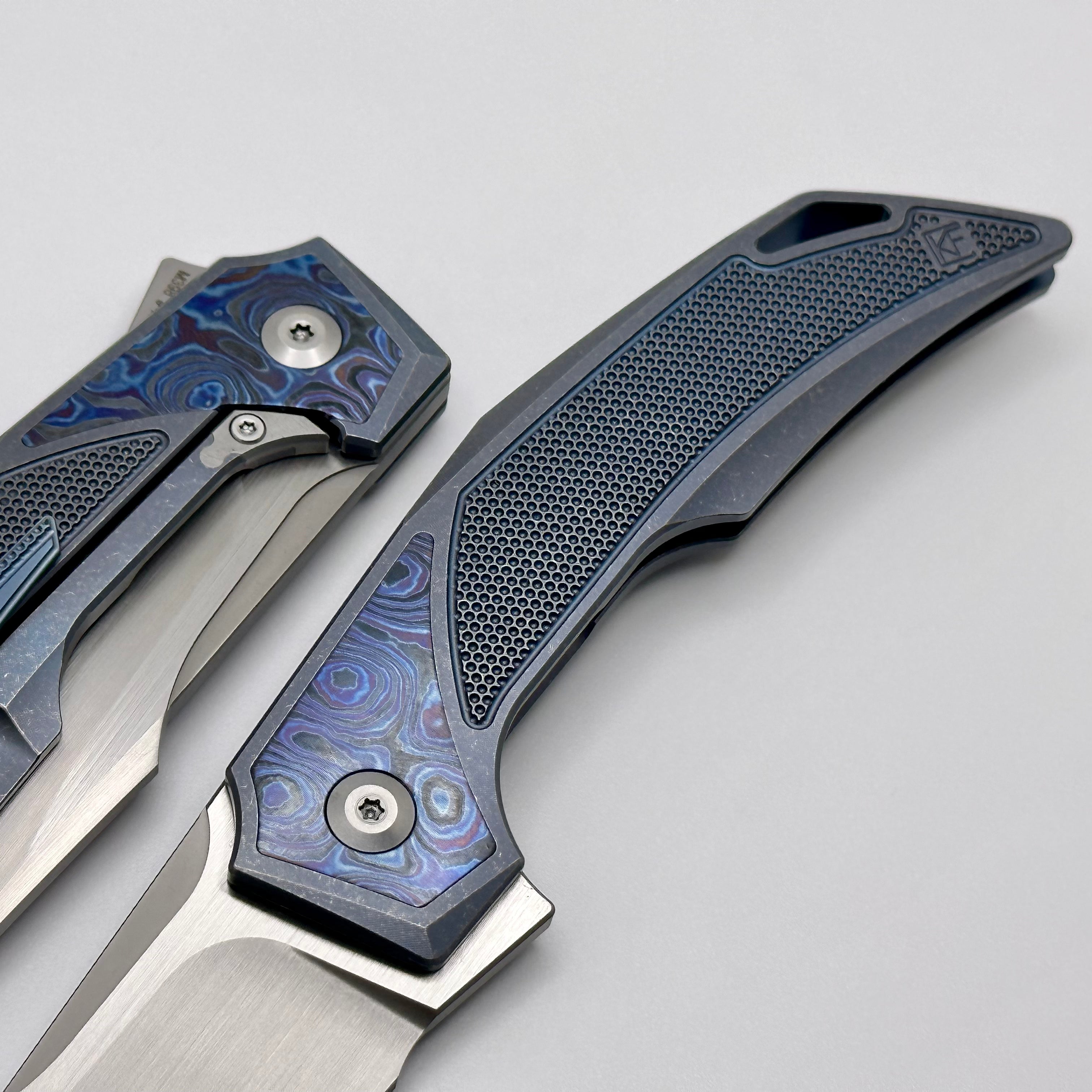 Premium Custom Knife Factory Justice EDC - Blue Tumble w/ ZircuTi & M398 Blade