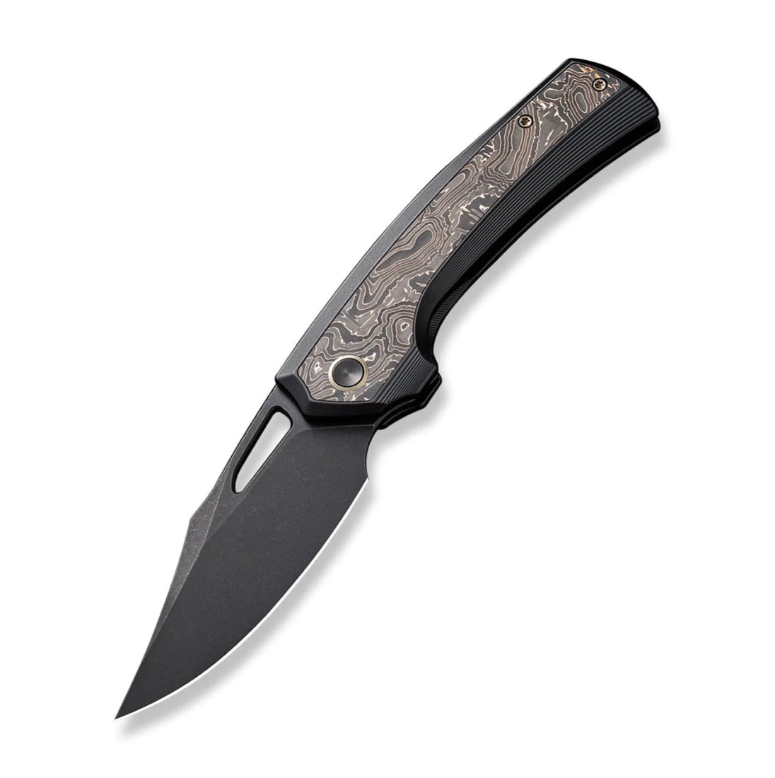 Premium WE Knife Nefaris: Black Titanium & Copper Foil Carbon Fiber with Black Stonewash 20CV Blade