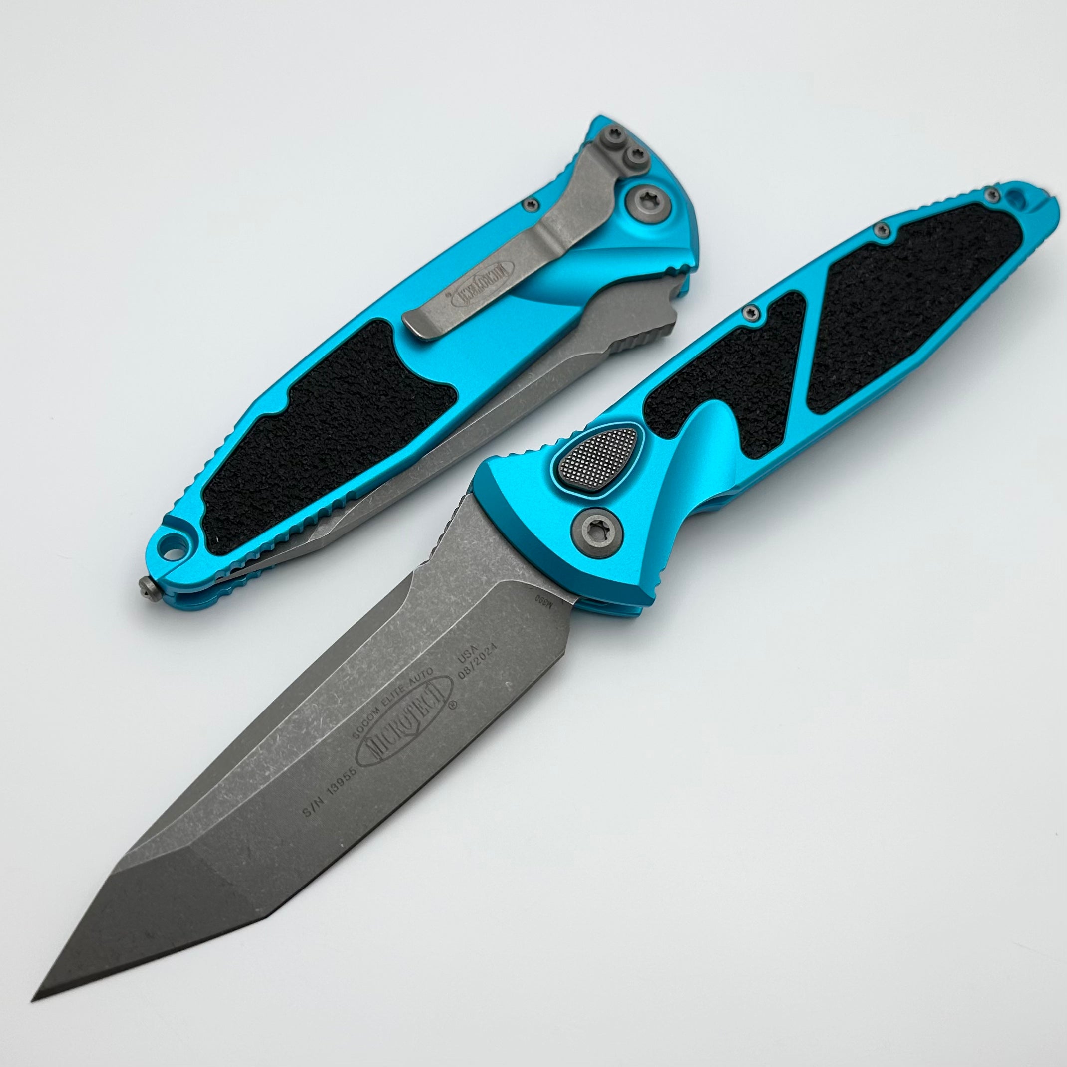 Premium Microtech Socom Elite Auto Tactical Knife - Turquoise Tanto Apocalyptic Finish