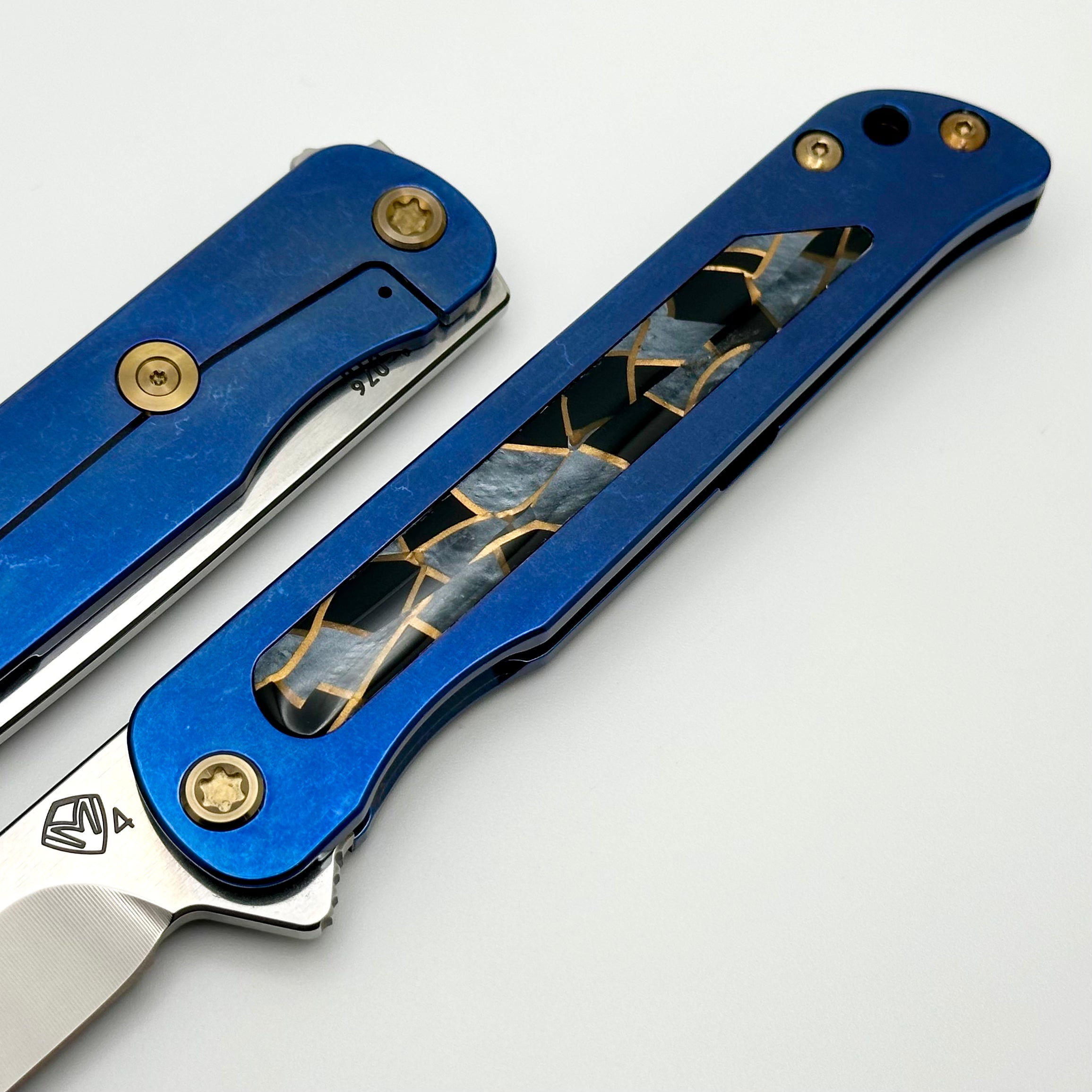 Medford T-Bone Blue Tumbled Titanium Framelock Flipper - Premium S45VN Tanto Blade with Mosaic Inlays