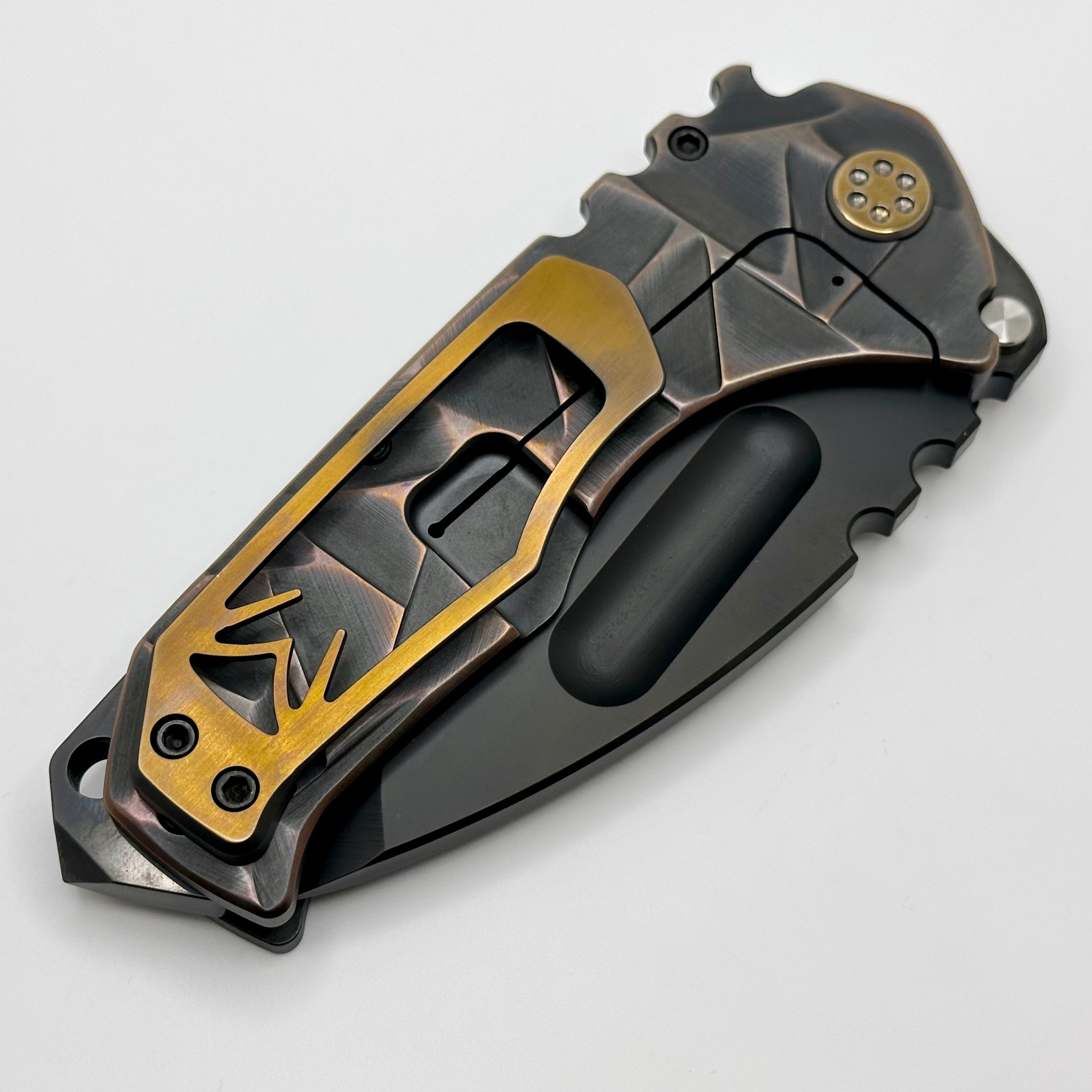 Medford Knife Praetorian TI PVD 3V Tanto - Premium Tactical Folding Knife with Cement Brushed Bronze Flats & Stained Glass Sculpting