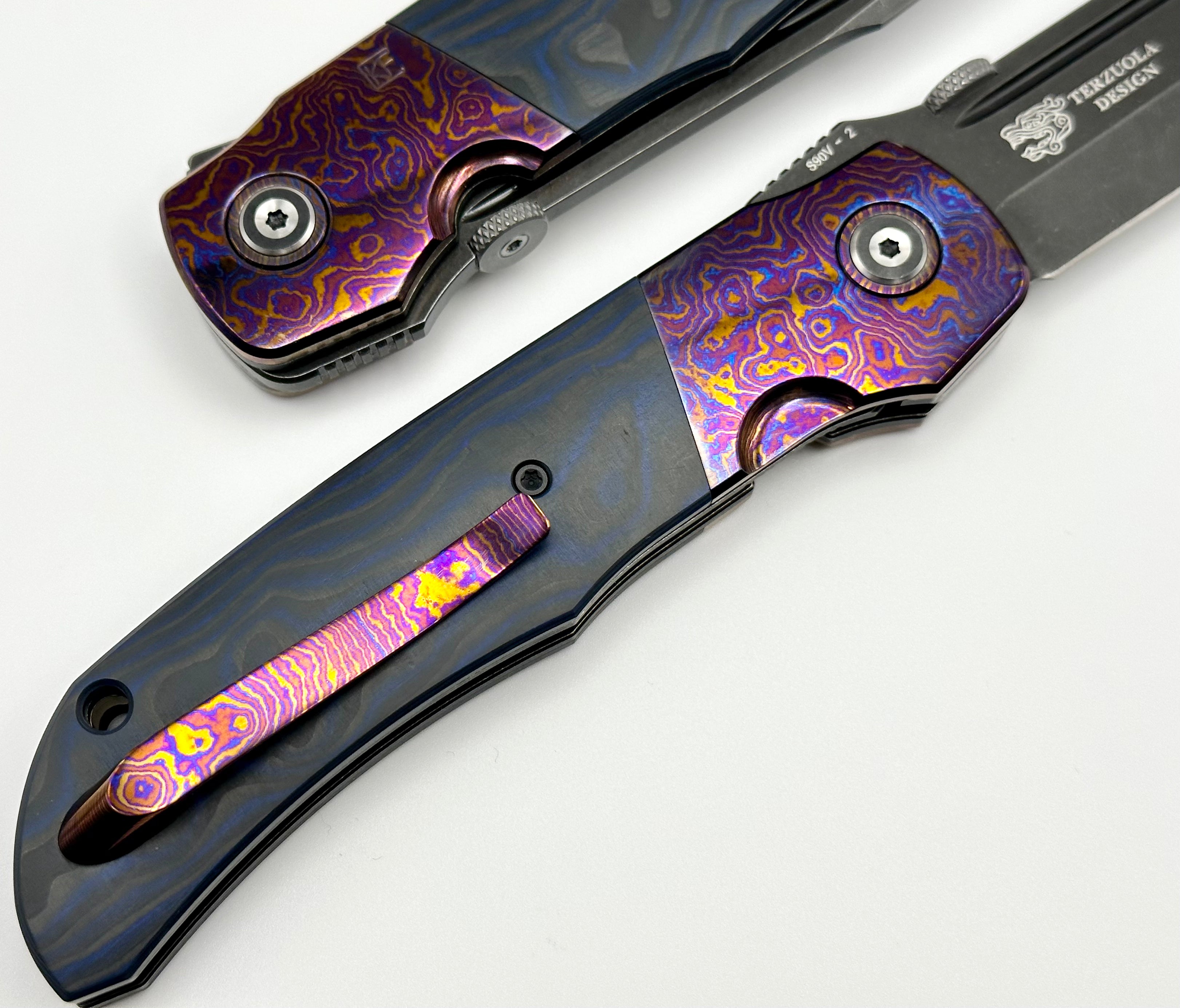 Premium Custom Knife Factory Eagle Rock - Timascus Bolsters & Blue/Black Carbon Fiber | S90V Blade