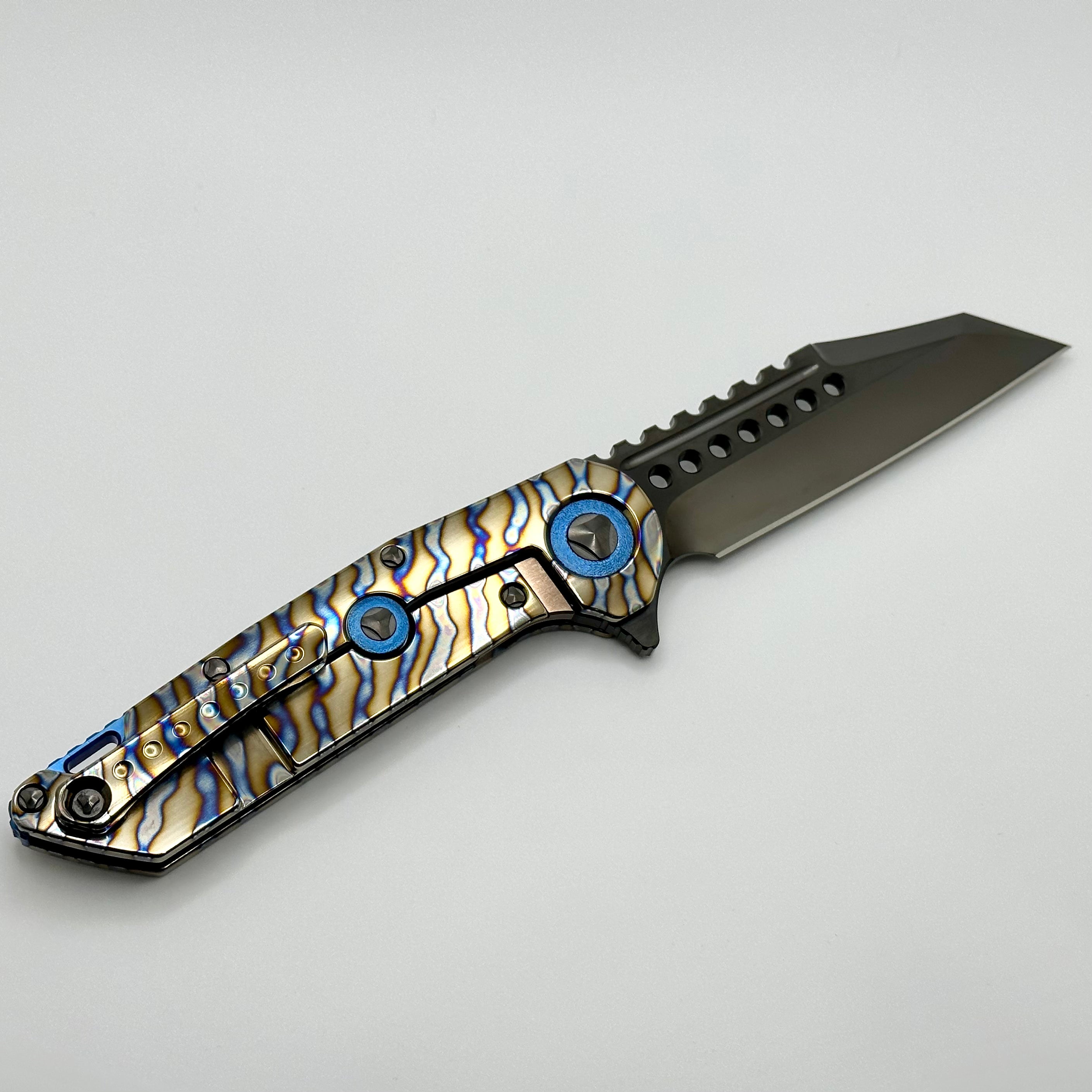 Marfione Custom Warhound Knife - Premium DLC Diamondwash Finish & Flamed Titanium Handles with Blue Accents