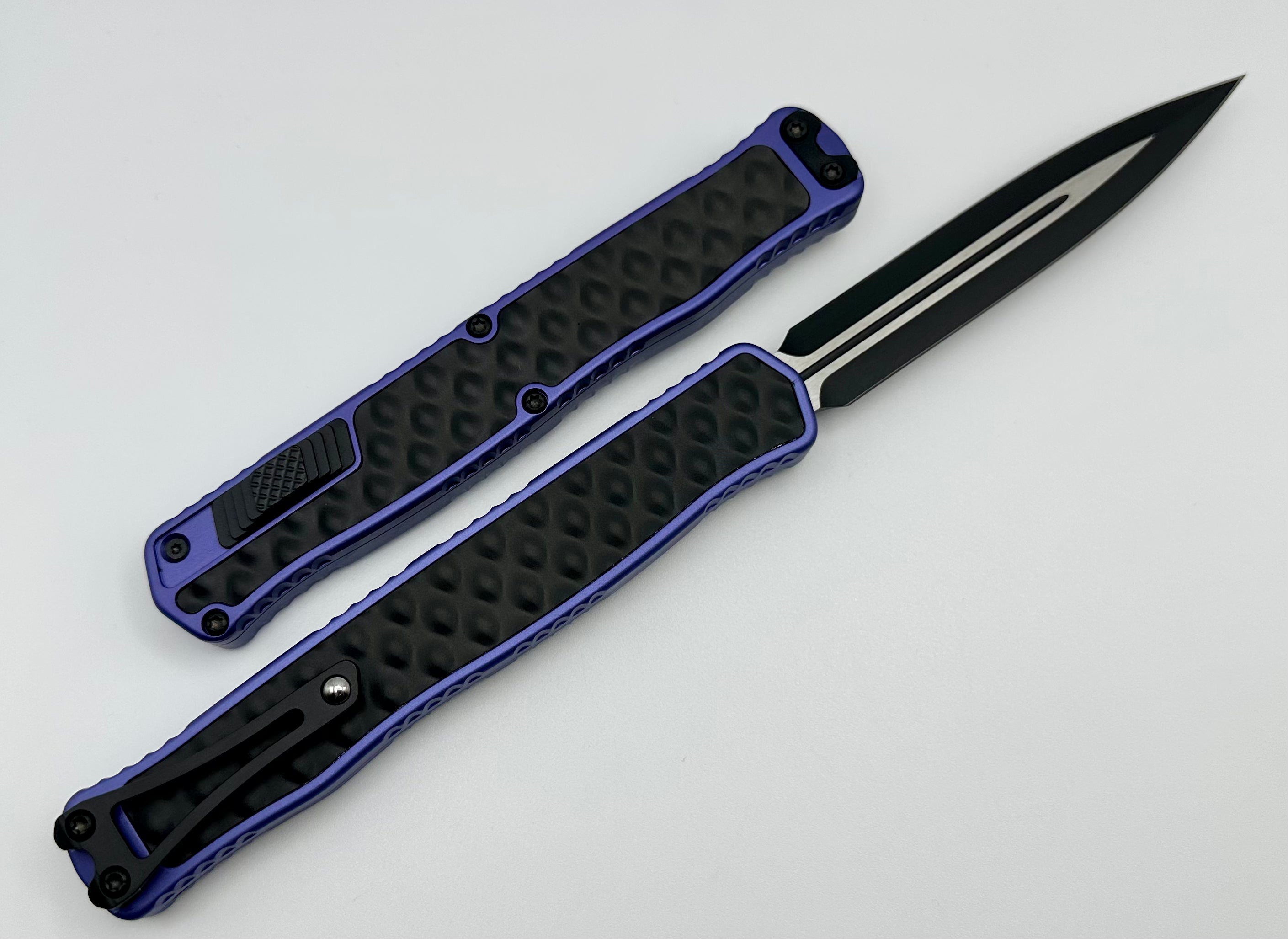 Premium Heretic Knives Cleric II 2 Black Double Edge Magnacut with Purple & Black Stainless Bubble Inlays