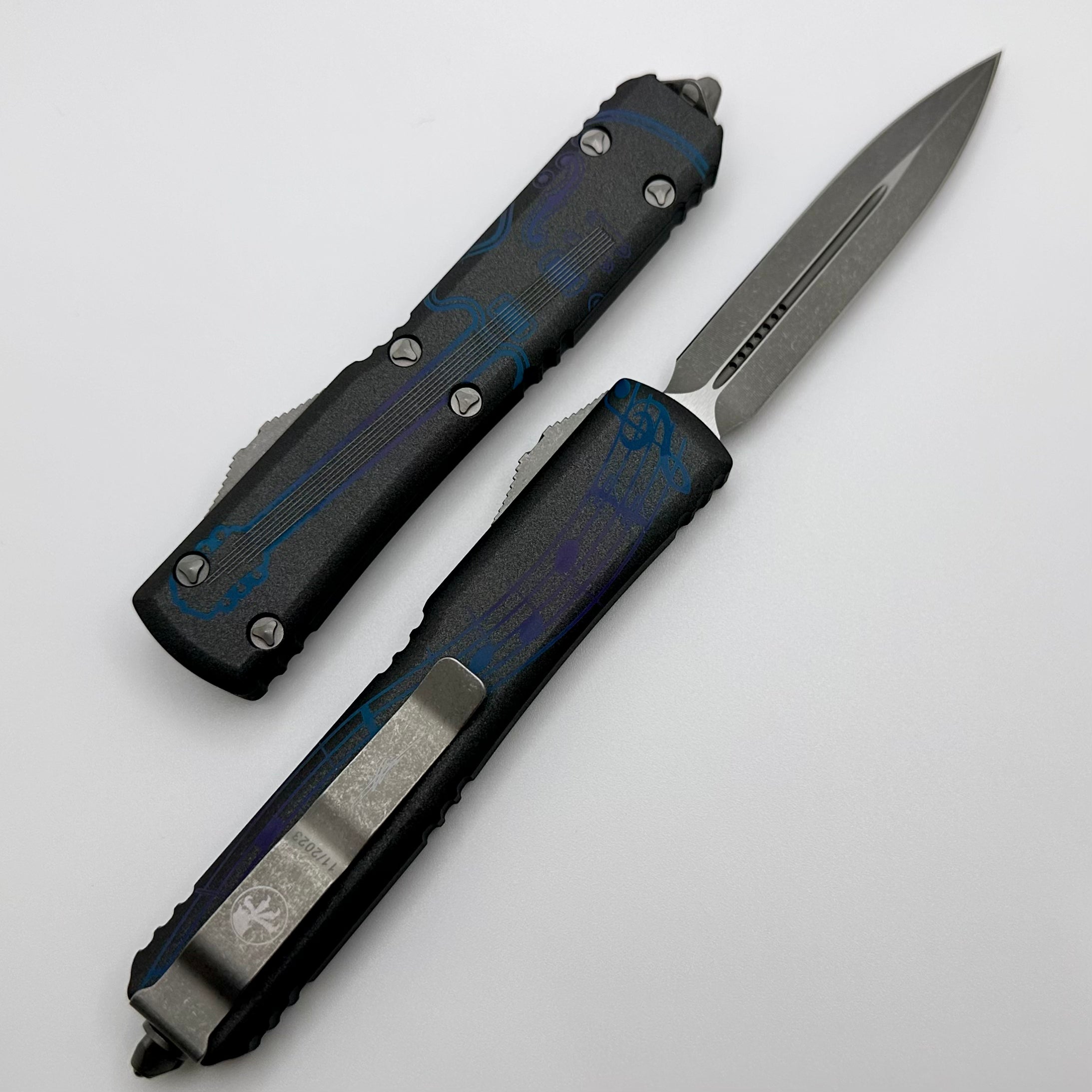 Microtech Ultratech NCKS 2023 Premium Double Edge OTF Knife - Blue & Purple Apocalyptic Finish