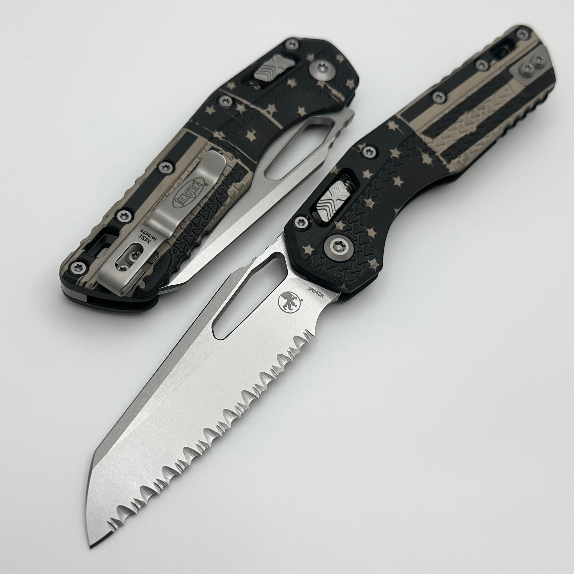 Microtech MSI RAM LOK Tactical Folding Knife - USA Flag Design, Full Serrated M390MK Blade