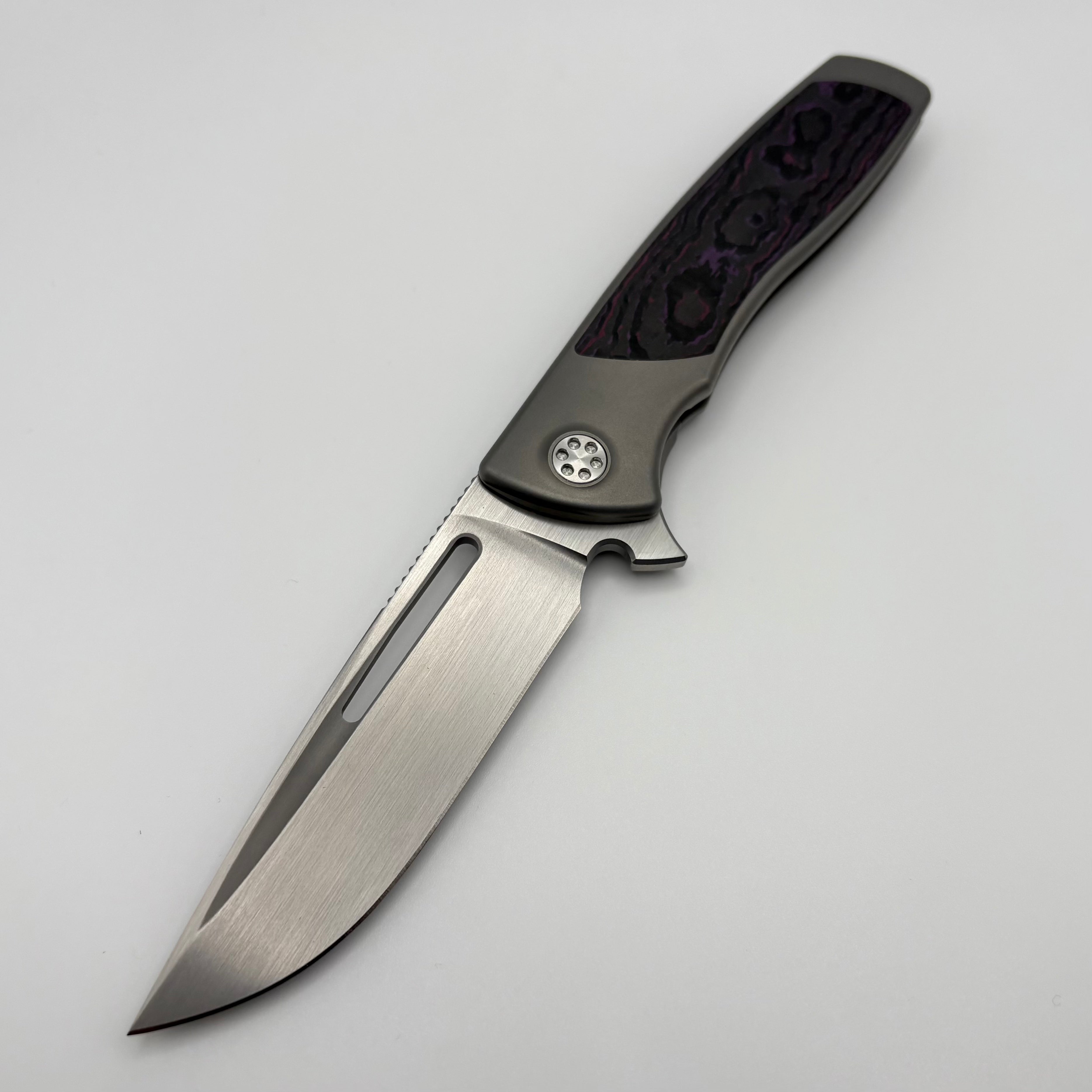 Premium Pre-Owned SharpByDesign Mini Evo: Purple Haze Fat Carbon & M390 Drop Point Knife