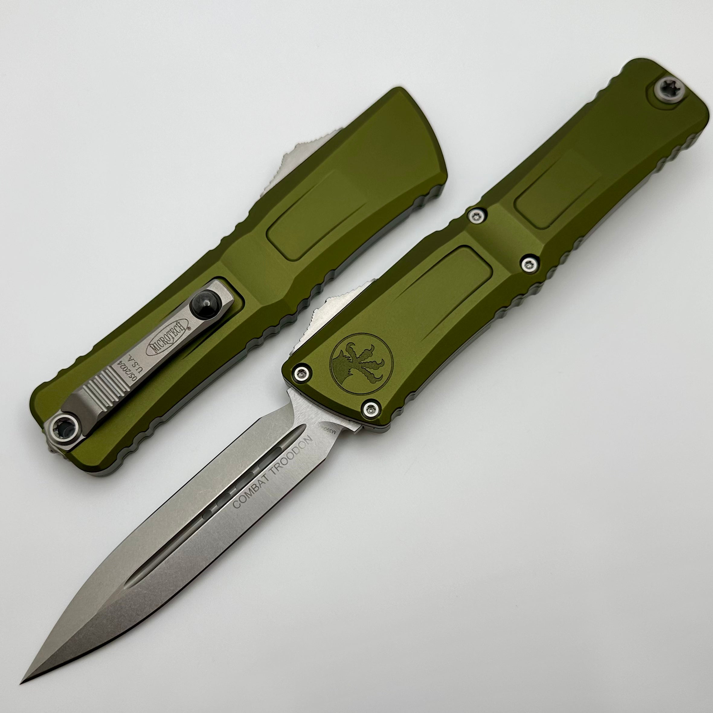 Microtech Combat Troodon Gen III Premium OTF Knife - Stonewash Double Edge & OD Green Handle