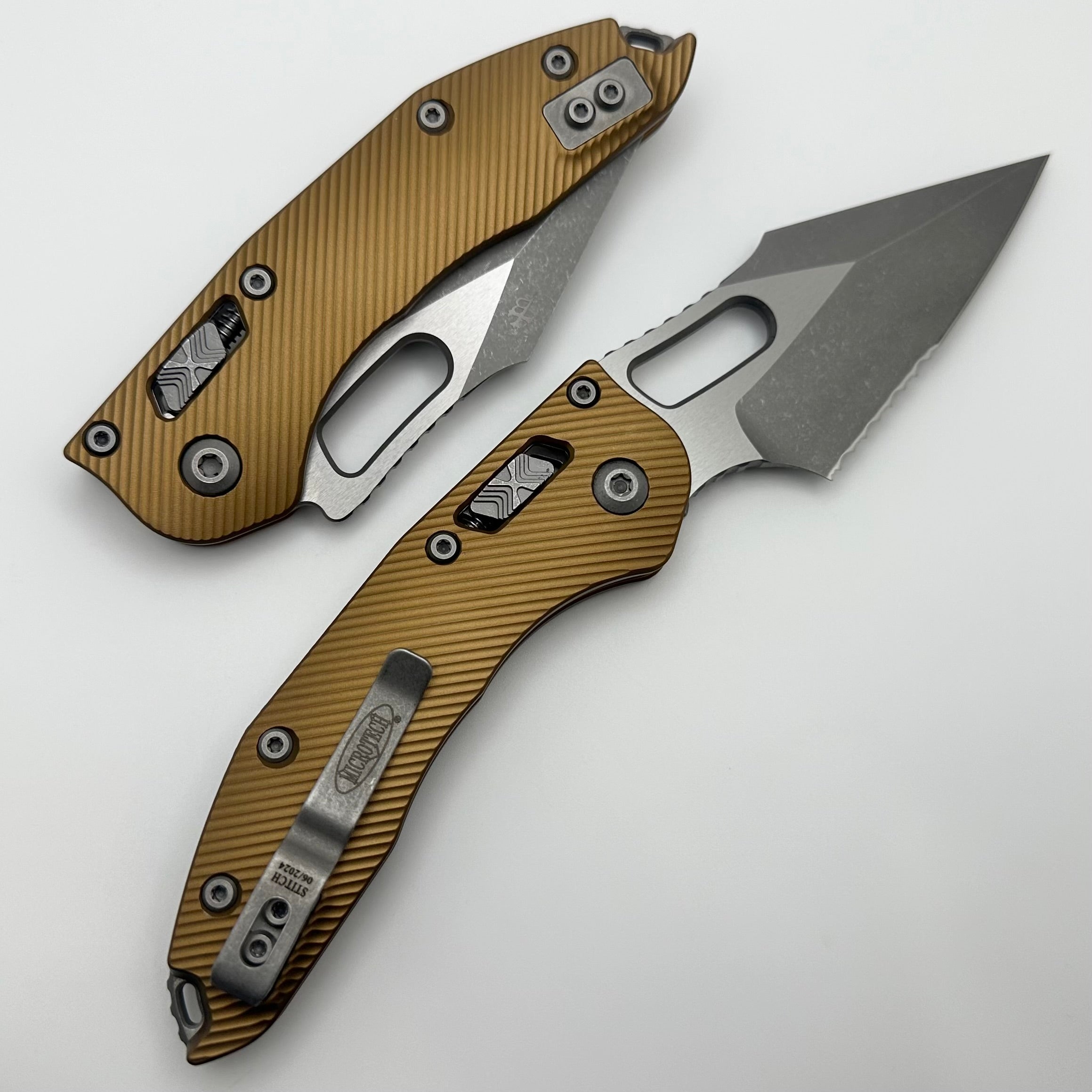 Premium Microtech Stitch RAM LOK Knife - Tan Aluminum, M390MK Blade, Partial Serrated