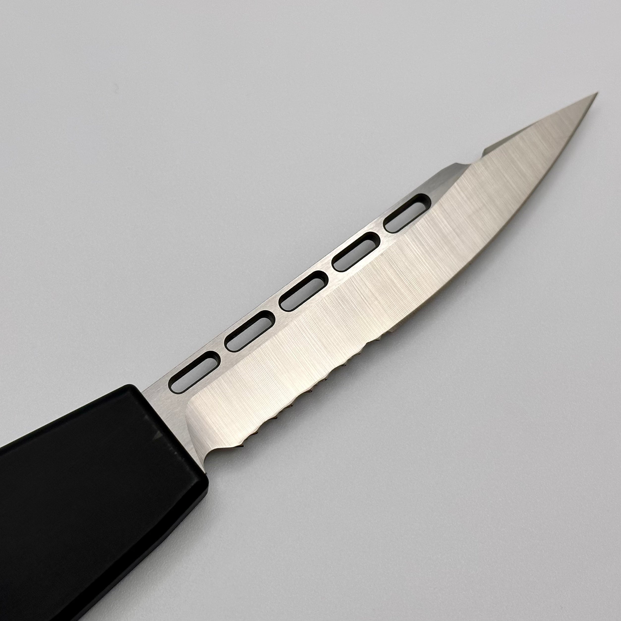 Premium Microtech HALO II Tactical Knife - Black Handle & Satin Partial Serrated Blade (Pre-Owned)