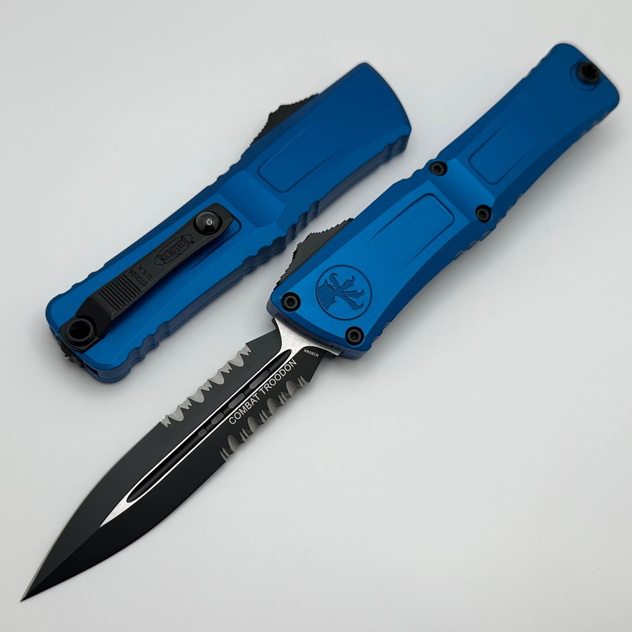 Microtech Premium Combat Troodon Gen III Tactical OTF Knife - Black Double Edge with Blue Accents