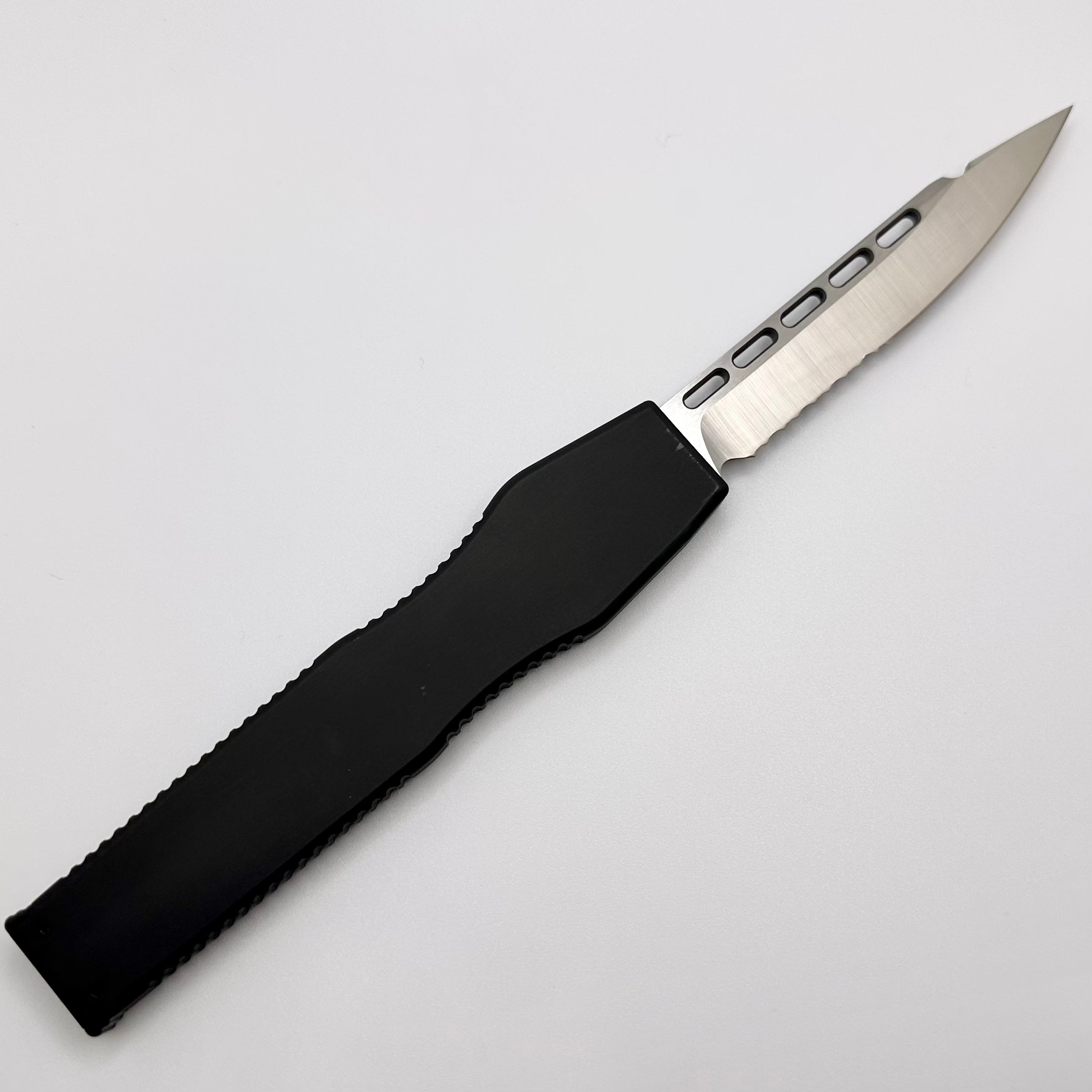 Premium Microtech HALO II Tactical Knife - Black Handle & Satin Partial Serrated Blade (Pre-Owned)