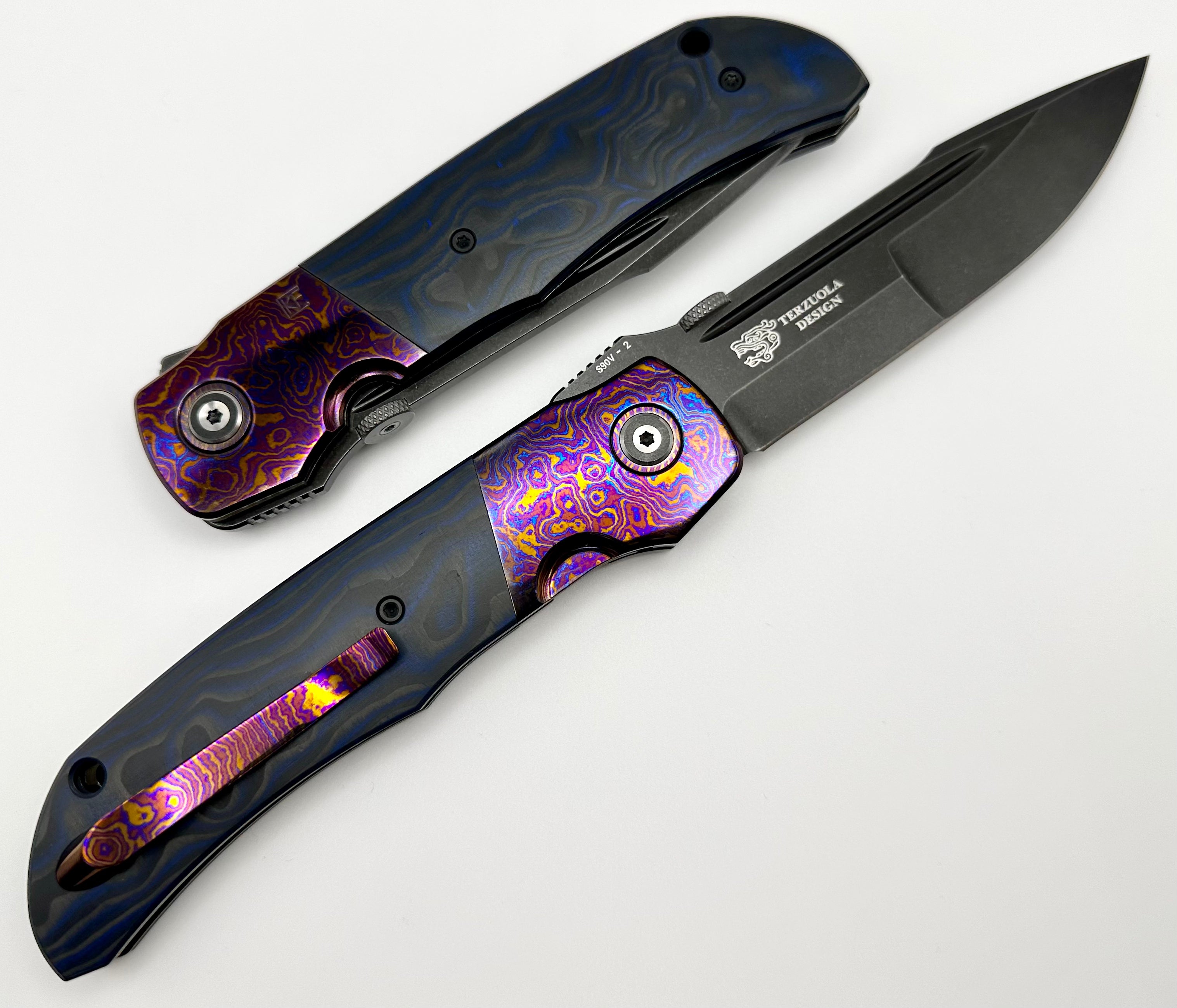 Premium Custom Knife Factory Eagle Rock - Timascus Bolsters & Blue/Black Carbon Fiber | S90V Blade