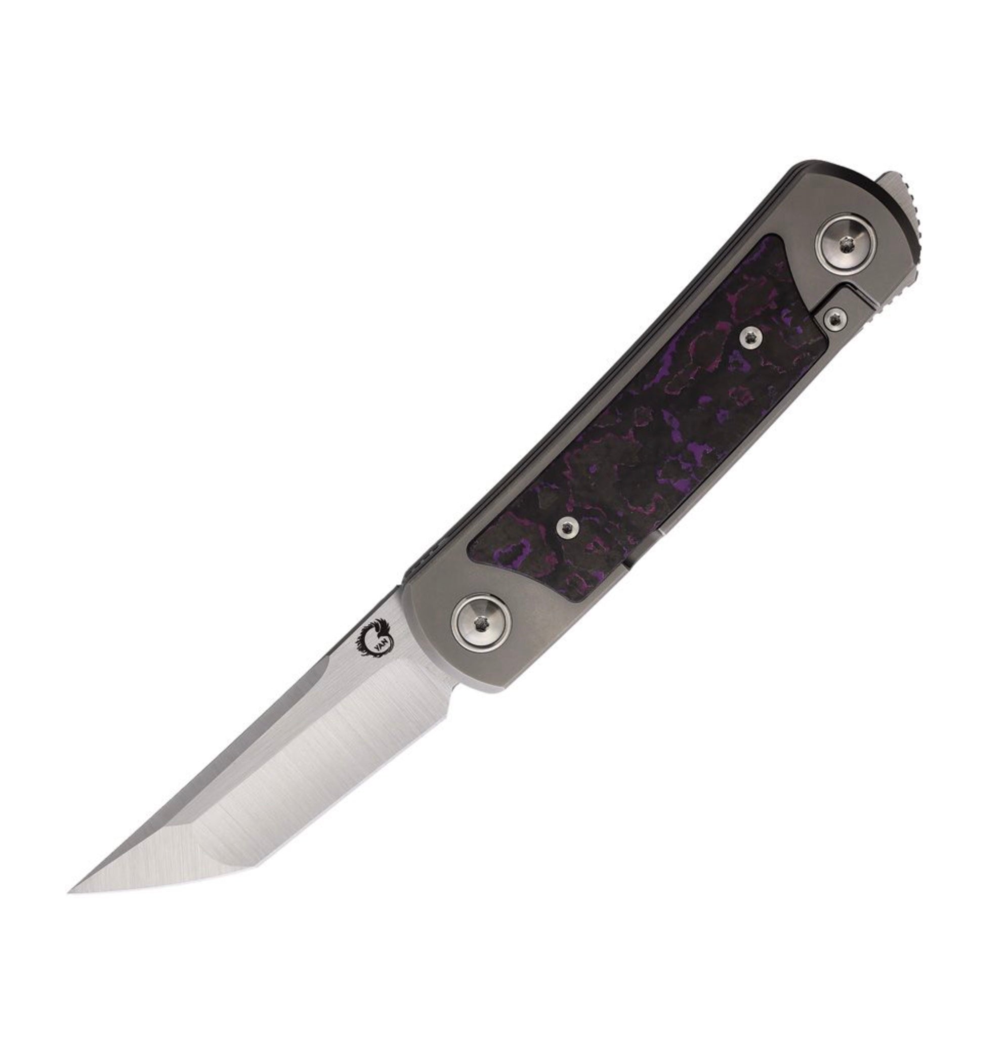 Yan Knives EMW East Meets West Premium Dual Flipper - M390 Blades with Purple Haze Fat Carbon Handle