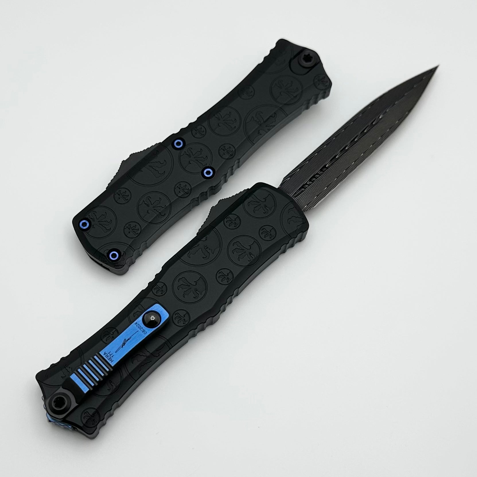 Microtech Hera II Mini Signature Series - Premium Damascus Blade with Black Claw Burst Handle & Blue Titanium Hardware