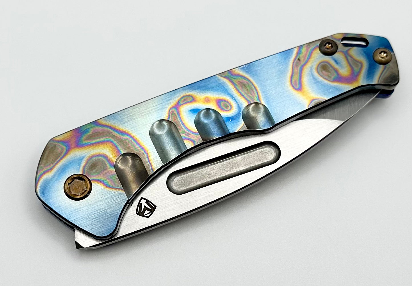 Medford Praetorian Slim: Premium Tumbled S45VN Drop Point Knife with Blue Flamed Rip Curl Handle & Bronze Hardware