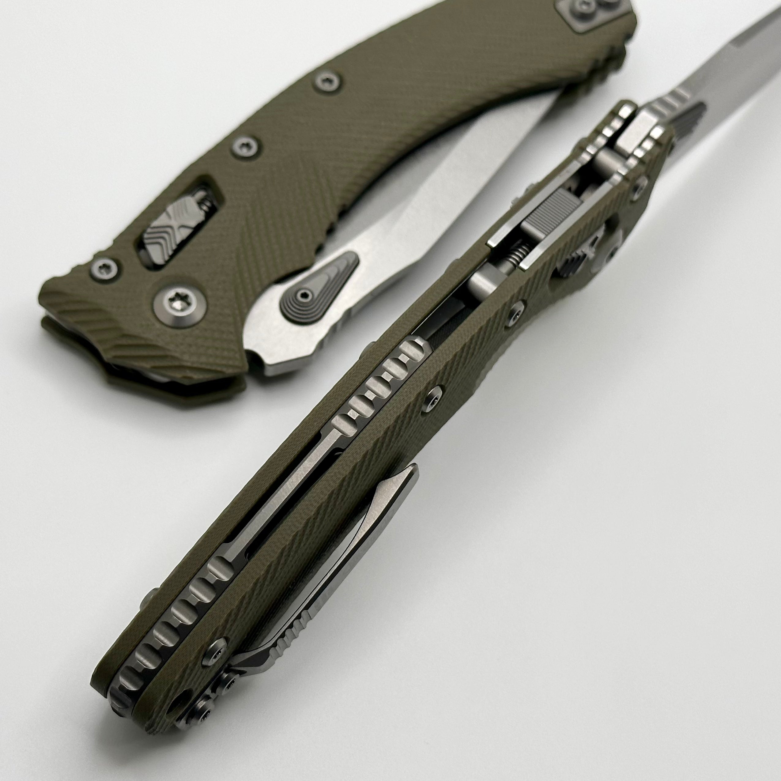 Microtech Amphibian RAM LOK Tactical Knife - OD Green Fluted G-10 & Stonewash M390MK