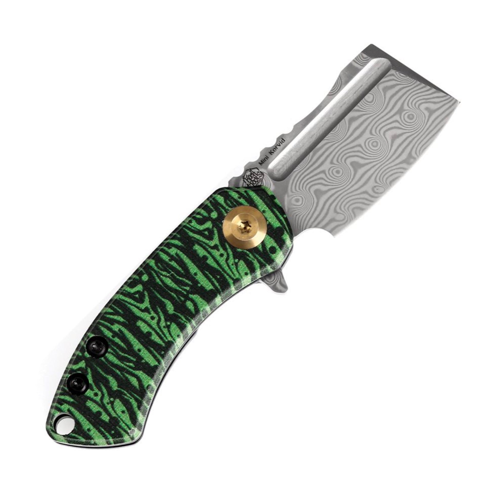 Kansept Mini Korvid Premium Damascus Pocket Knife - Jade Watermelon G-10 Handle